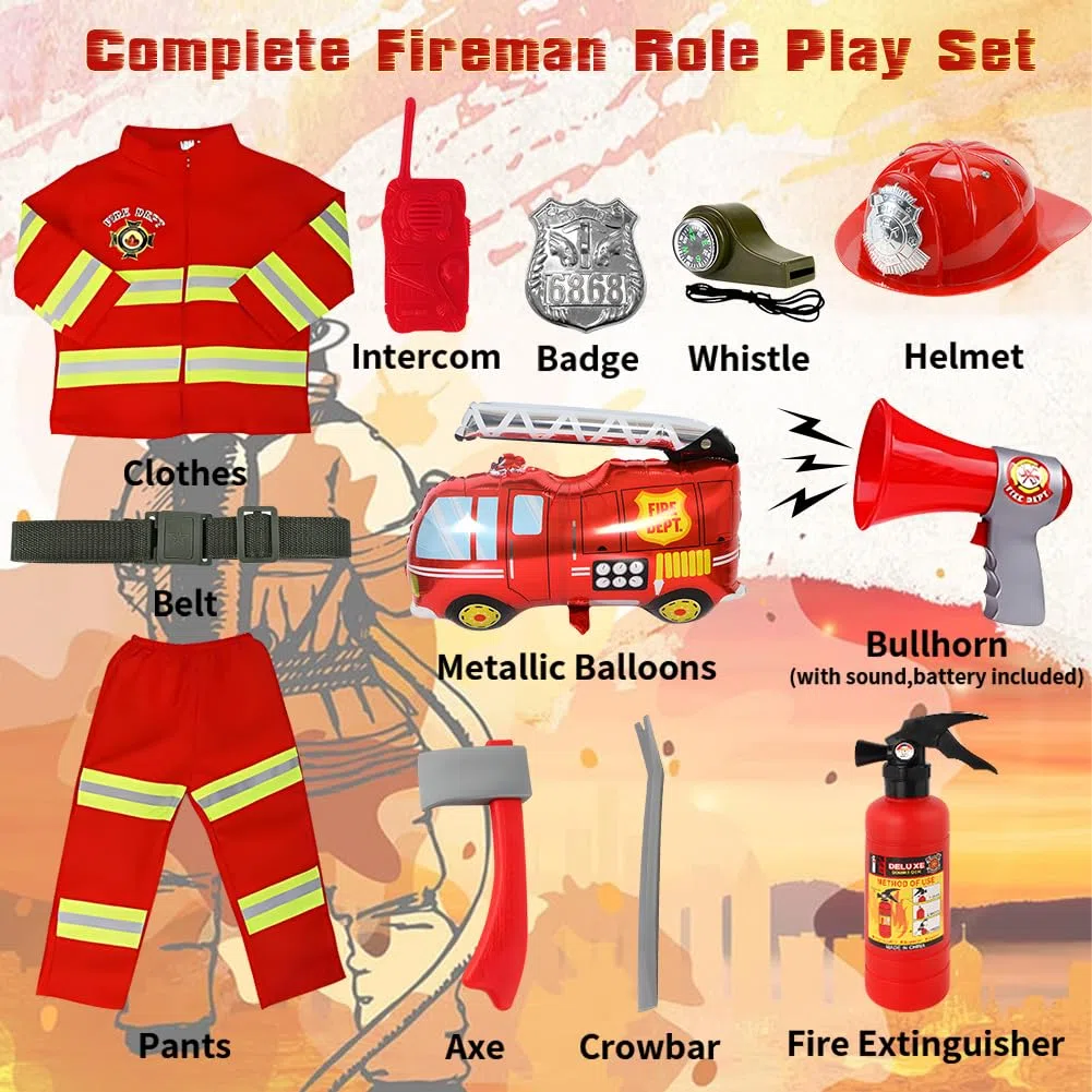 Costume da Pompiere per Bambini, 12pcs Giochi di Ruolo, Costumi di Halloween, Giocattolo 3-5 Anni per Feste in Maschera, Esercitazioni Antincendio, Scuola e Casa (110cm)