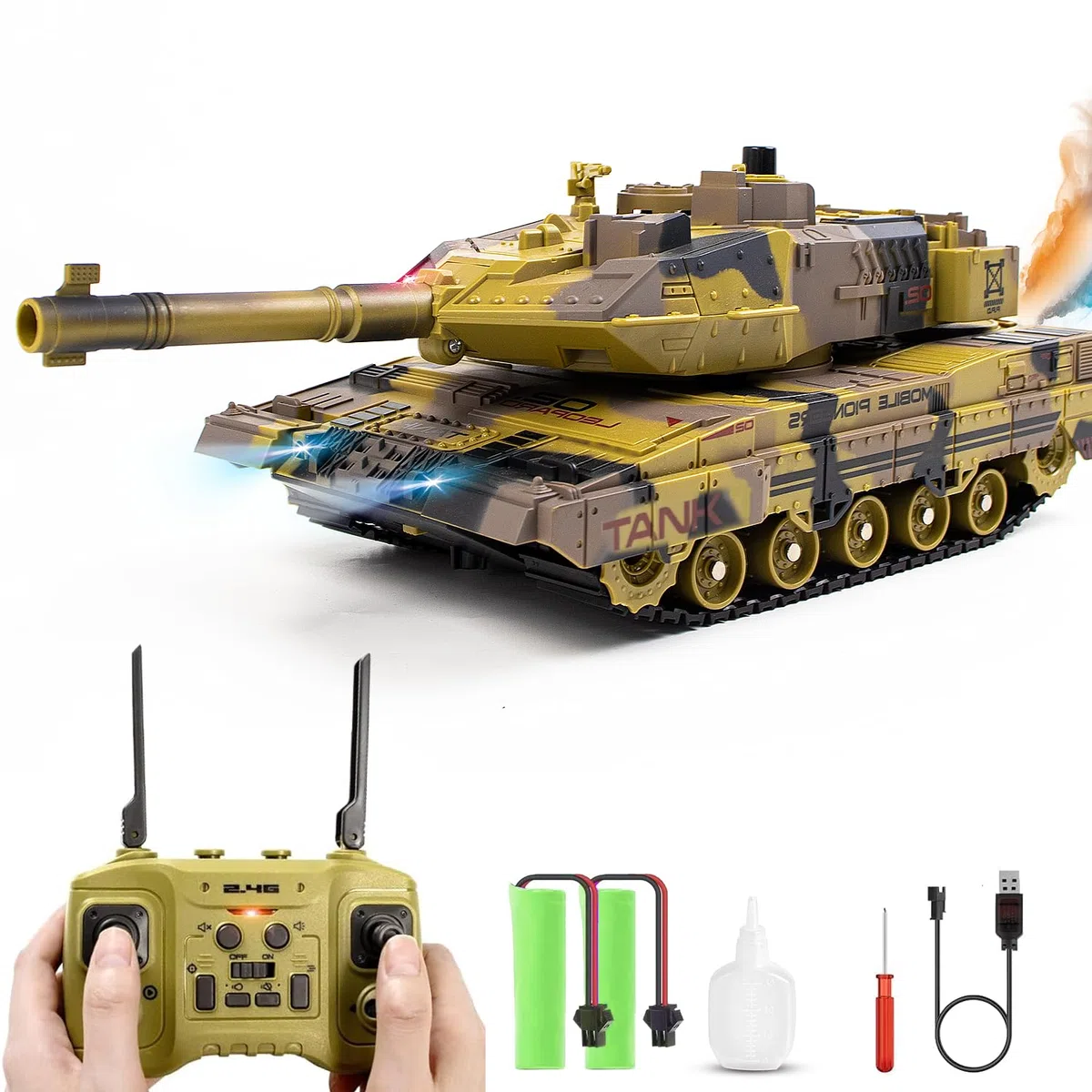 Carro Armato RC che Spara per Bambini Adulti, Modello di Veicoli Militari con Controllo Remoto 2.4G, Carro Armato dell'Esercito Giocattolo con Suono Demo Automatico, Luce, Fumo, 13 Canali