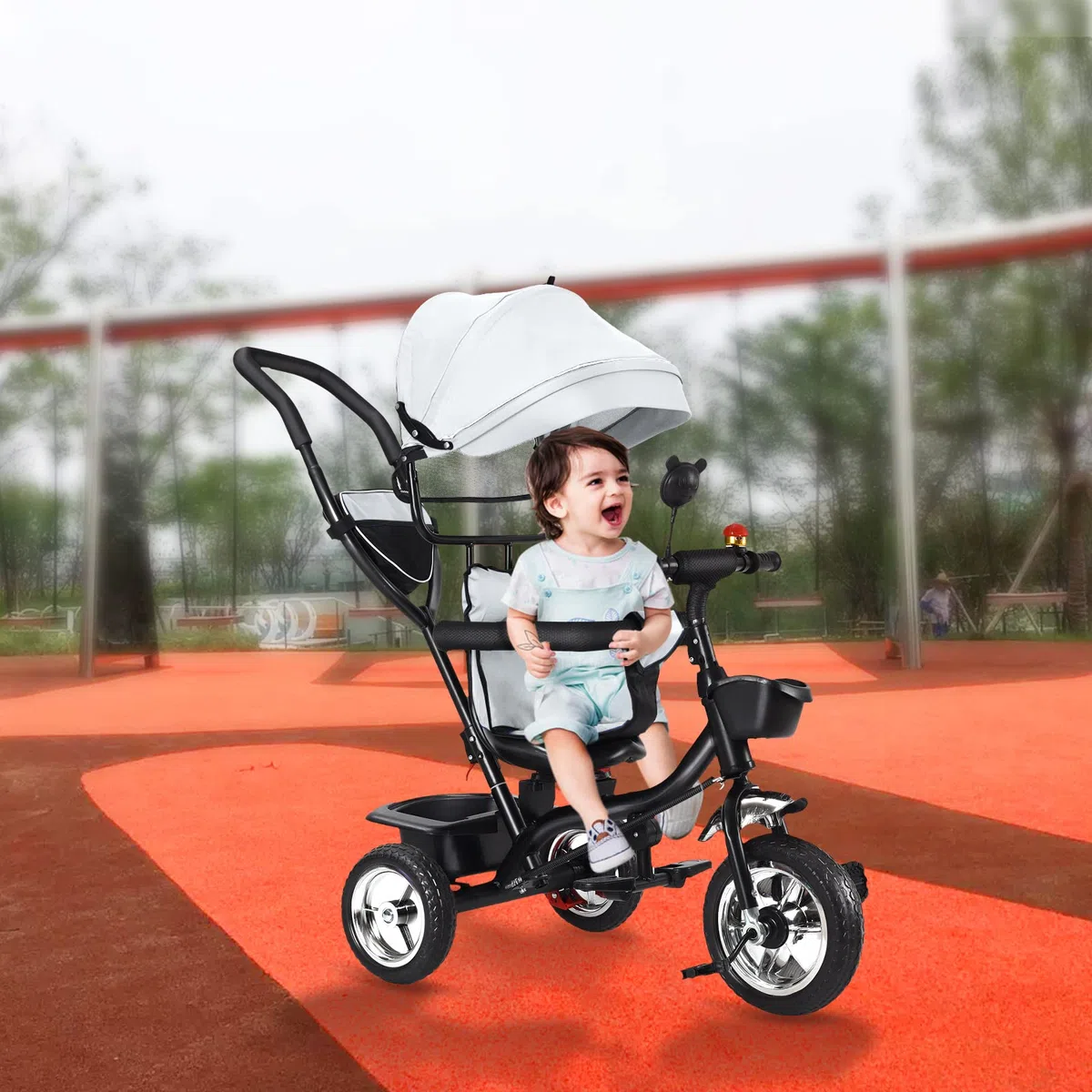 Triciclo Evolutivo per Bambini, Draisienne Evolutivo per Bambini con Barra di Spinta, Passeggino Bicicletta per Bambini, Bicicletta per Bambini con Parasole (Grigio)