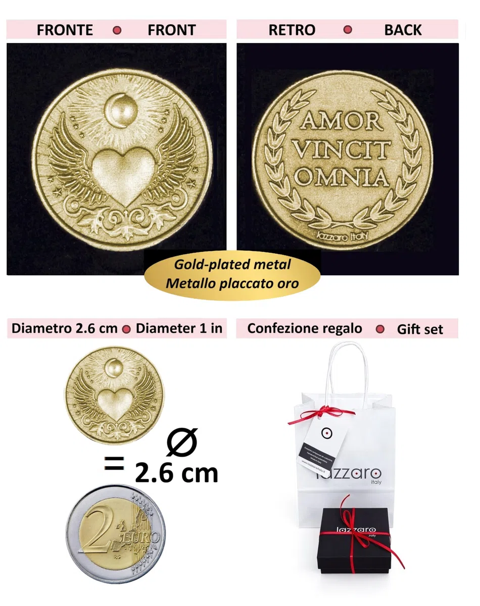 Moneta dell'amore per fortuna e protezione: "Amor vincit omnia" - Idea regalo donna, uomo, mamma, nonni – San Valentino, compleanni, ricorrenze – Metallo placcato oro – Made in Italy