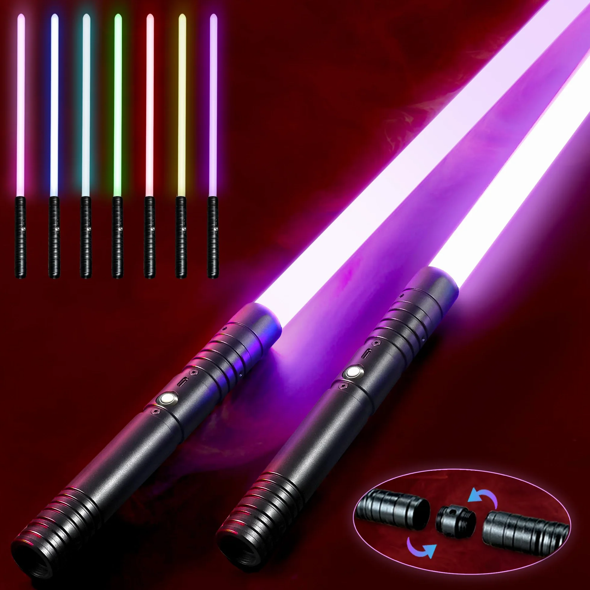 Spada Laser con Impugnatura in Metallo | Set di 2 Spade Laser Ricaricabili | Spada Laser da Combattimento con 15 Colori ed Effetti Sonori | Lightsaber a Doppia Lama (Nero)