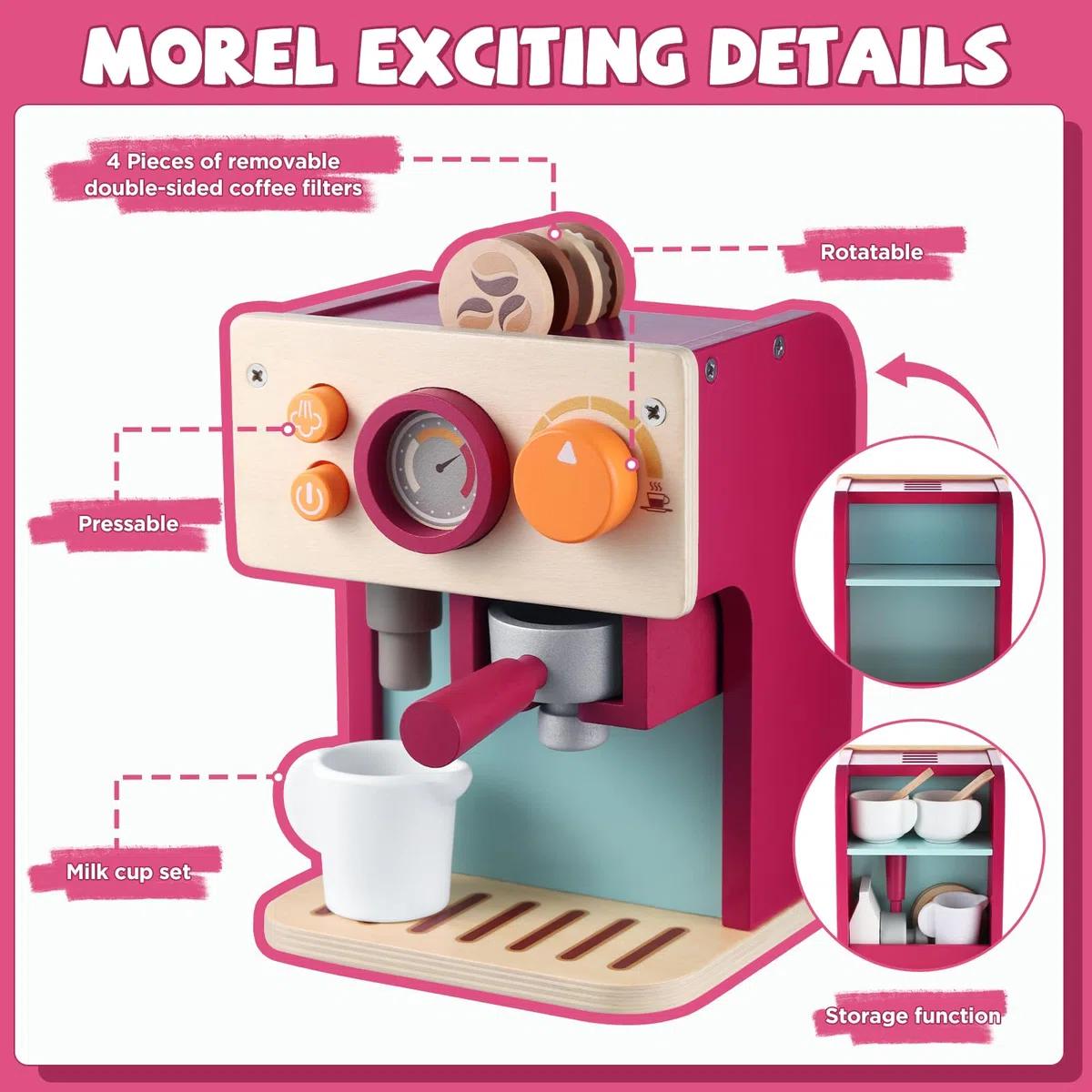 GAGAKU Macchina da caffè in legno per bambini dai 3 anni in poi con lattiera e accessori, giocattolo educativo, gioco di ruolo, regalo di compleanno per ragazzi e ragazze