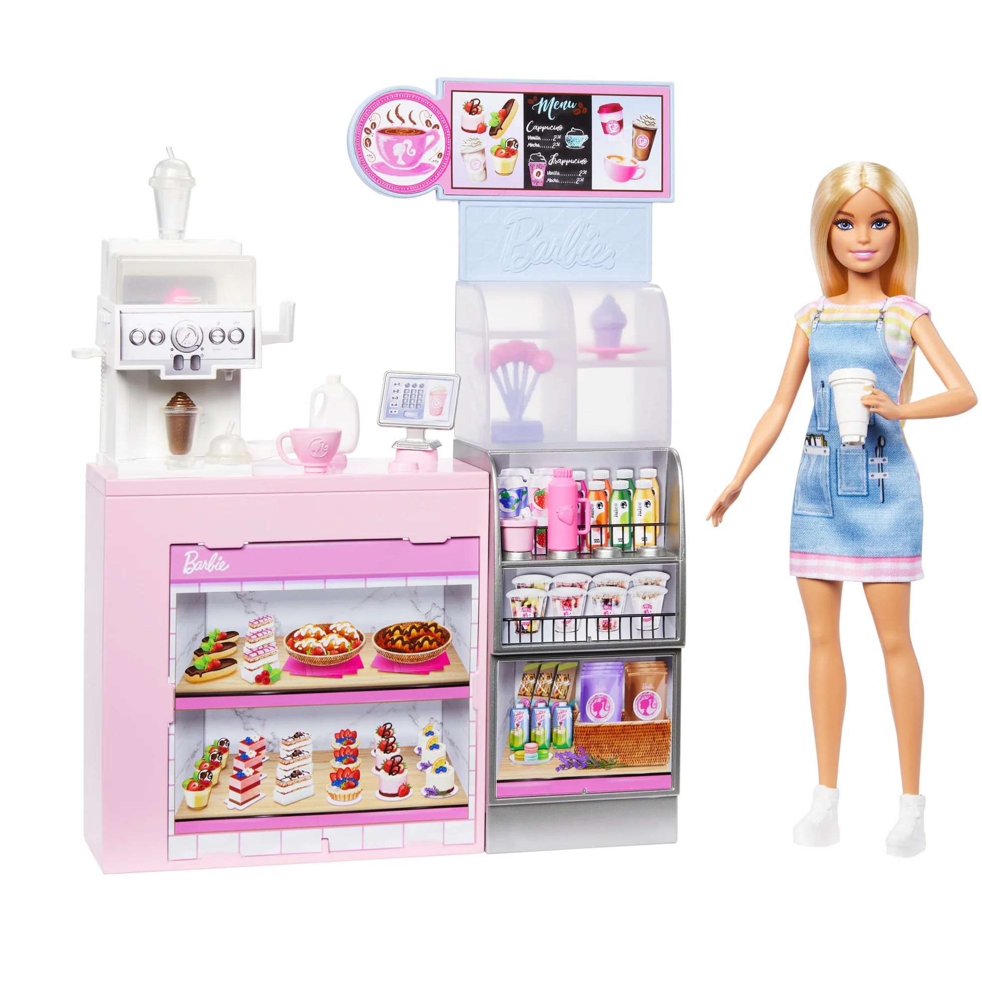 Barbie - Caffetteria, playset con bambola barista bionda e 12+ accessori a tema inclusi, tra cui macchina per caffè e frullati, tazze e cibo, giocattolo per bambini, 3+ anni, HXN94