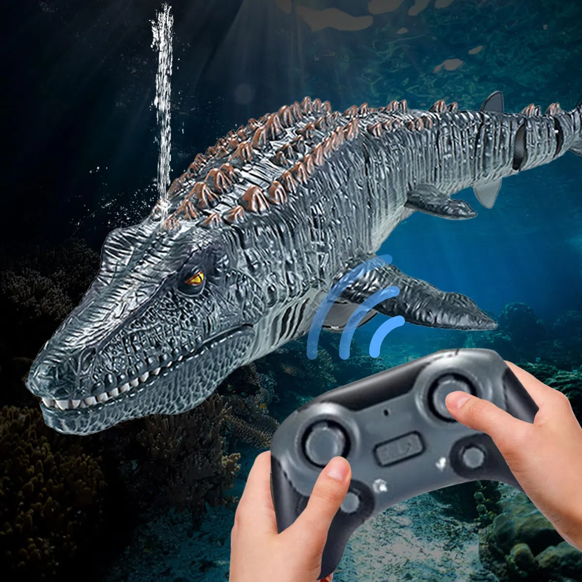 Mosasaurus - Dinosaurus Nuoto Rc, Design telecomandato, funzione di spruzzatura della luce, struttura impermeabile, gioco da bagno, avventura in piscina | Giocattolo animale acquatico per enf