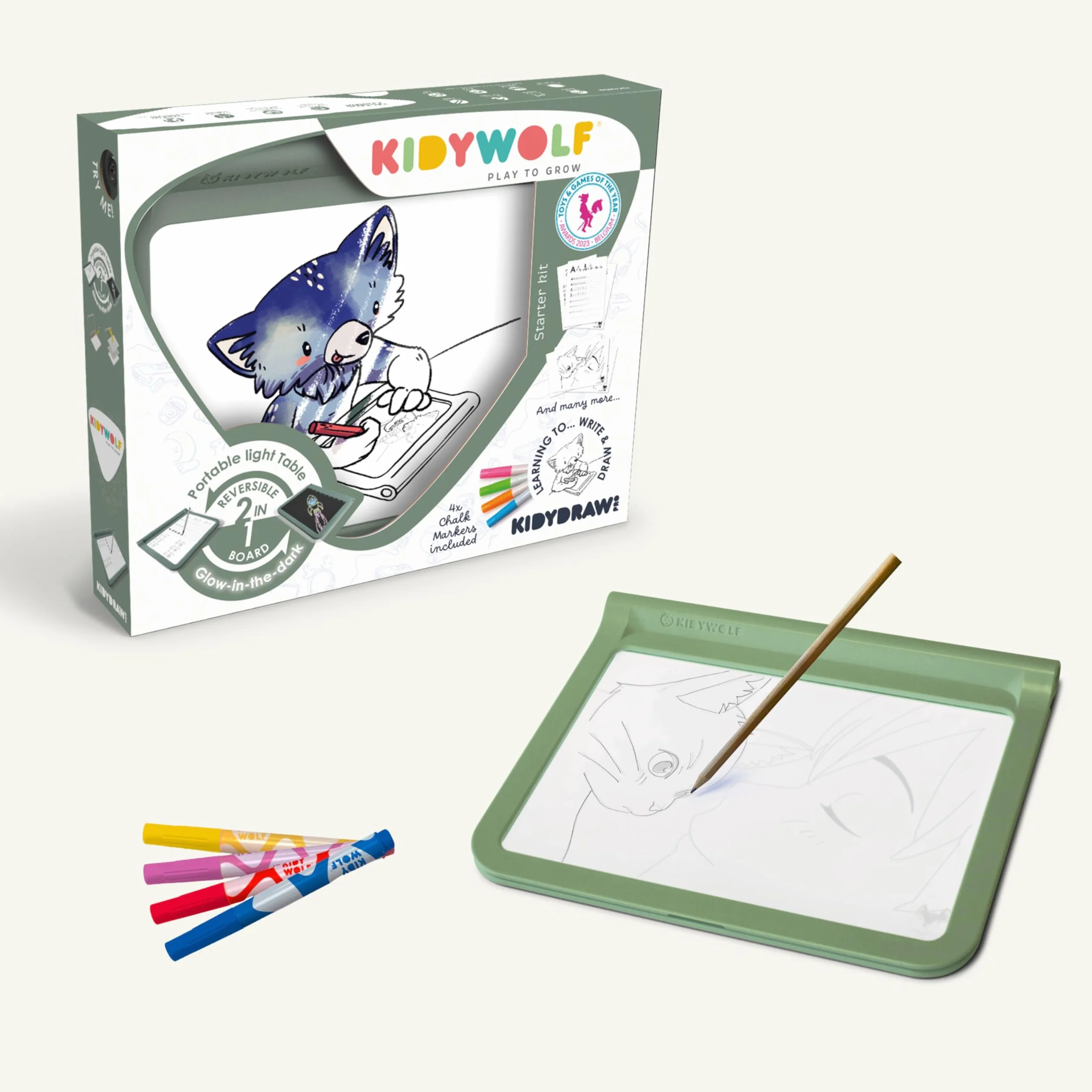 Kidywolf - Kidydraw-pro lichtgevende tekentablet + 4 stiften