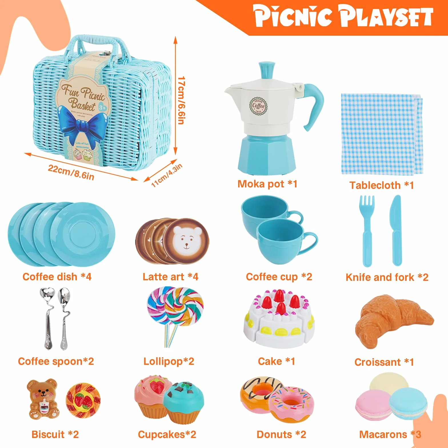 Cucina Giocattolo per Bambini,Accessori Cucina Bambini con Cestino da Picnic ,Tappetino, Dolce e Caffettiera,Cibo Giocattolo,Giocattoli da Picnic per Bambina 3 4 5 anni (Blu)