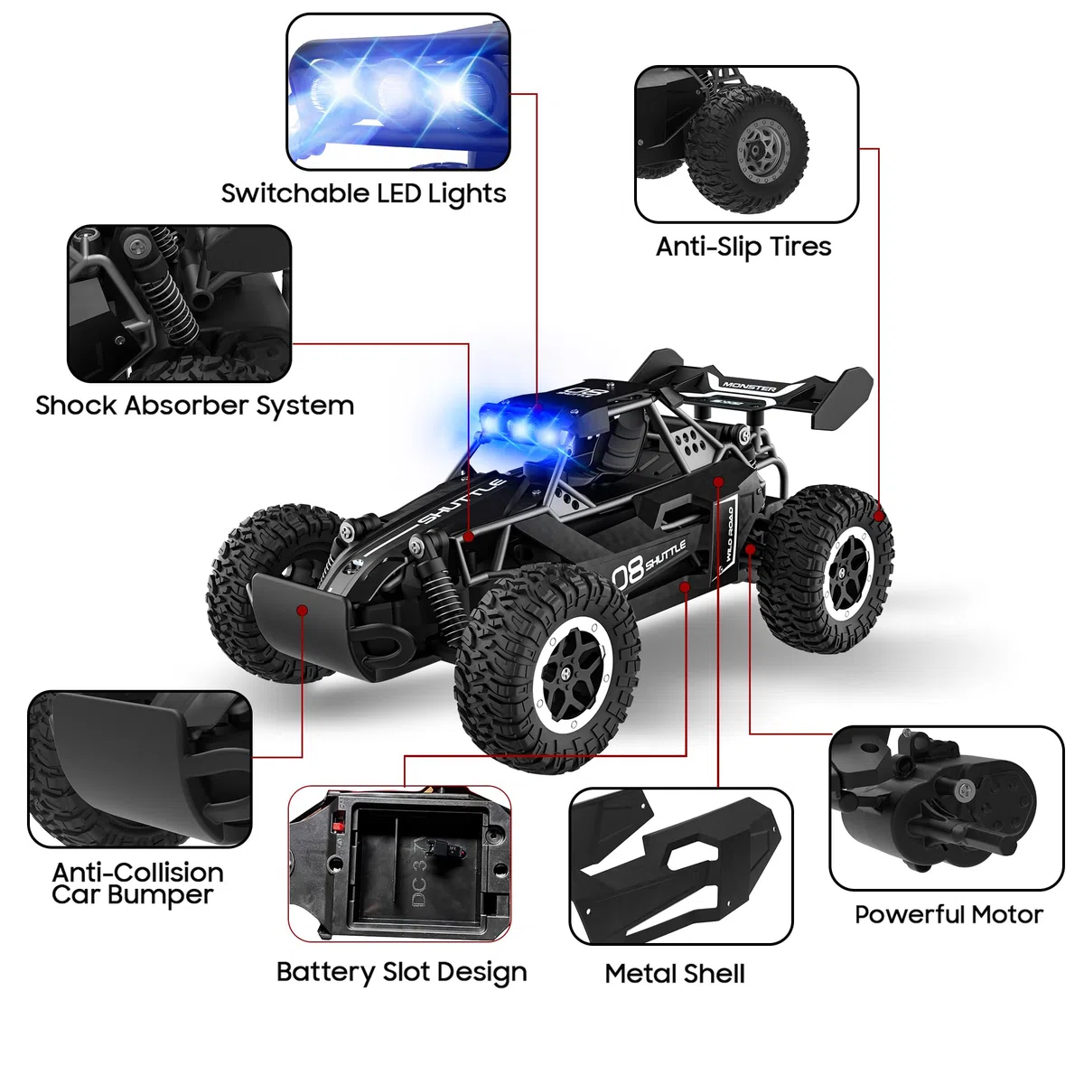 Macchina Telecomandata Per Bambini Con Luce,2.4Ghz 20KM/H Macchina Radiocomandata,Compleanno Giocattoli Regalo Per Bambino 3 4 5 6 7 Anni Nero
