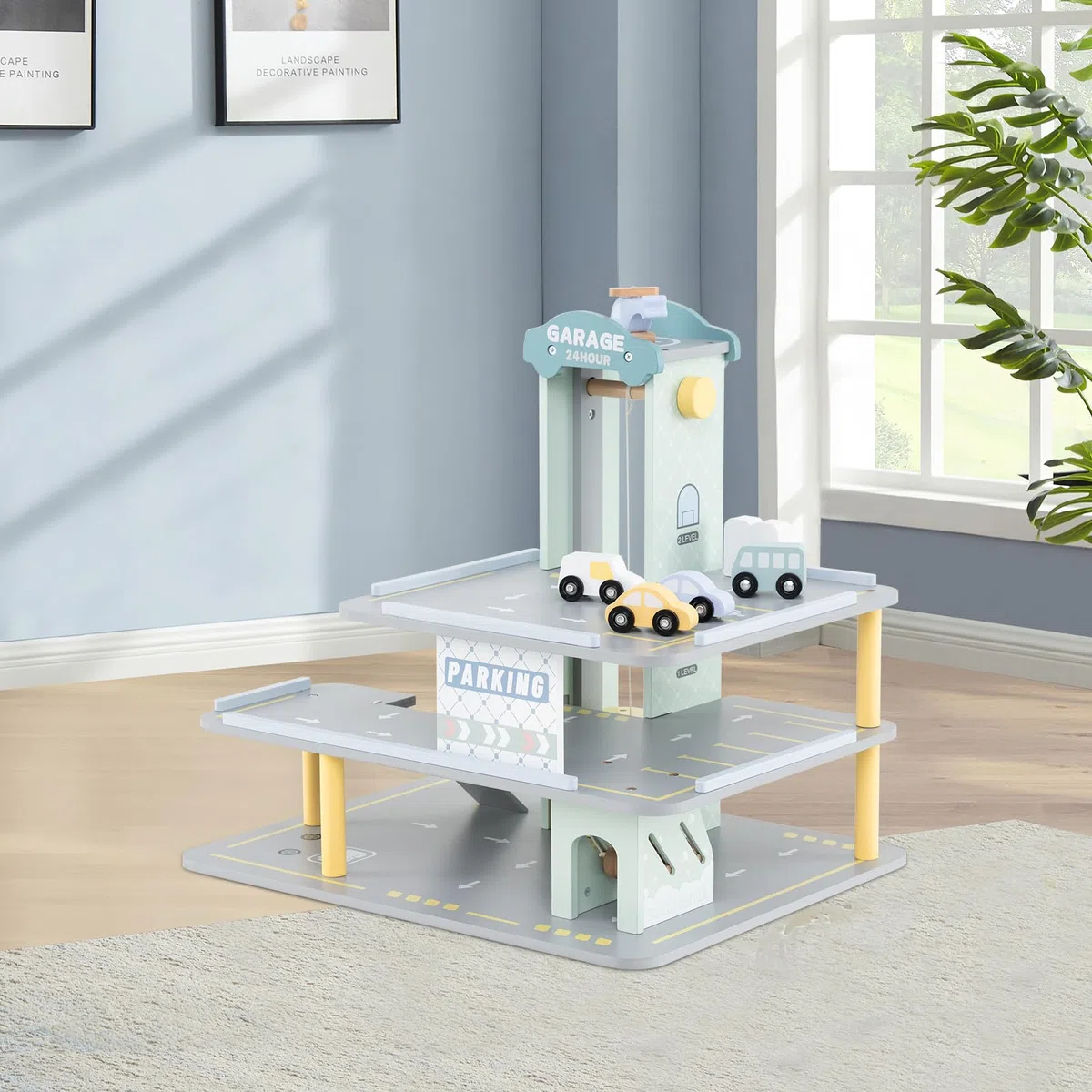 HOMASIS Set di garage a 3 piani, parcheggio in legno con 4 auto, eliporto, stazione di servizio, ascensore, lavaggio auto, garage giocattoli di ruolo per bambini dai 3 anni in su, 50 x 40 x 47 cm,