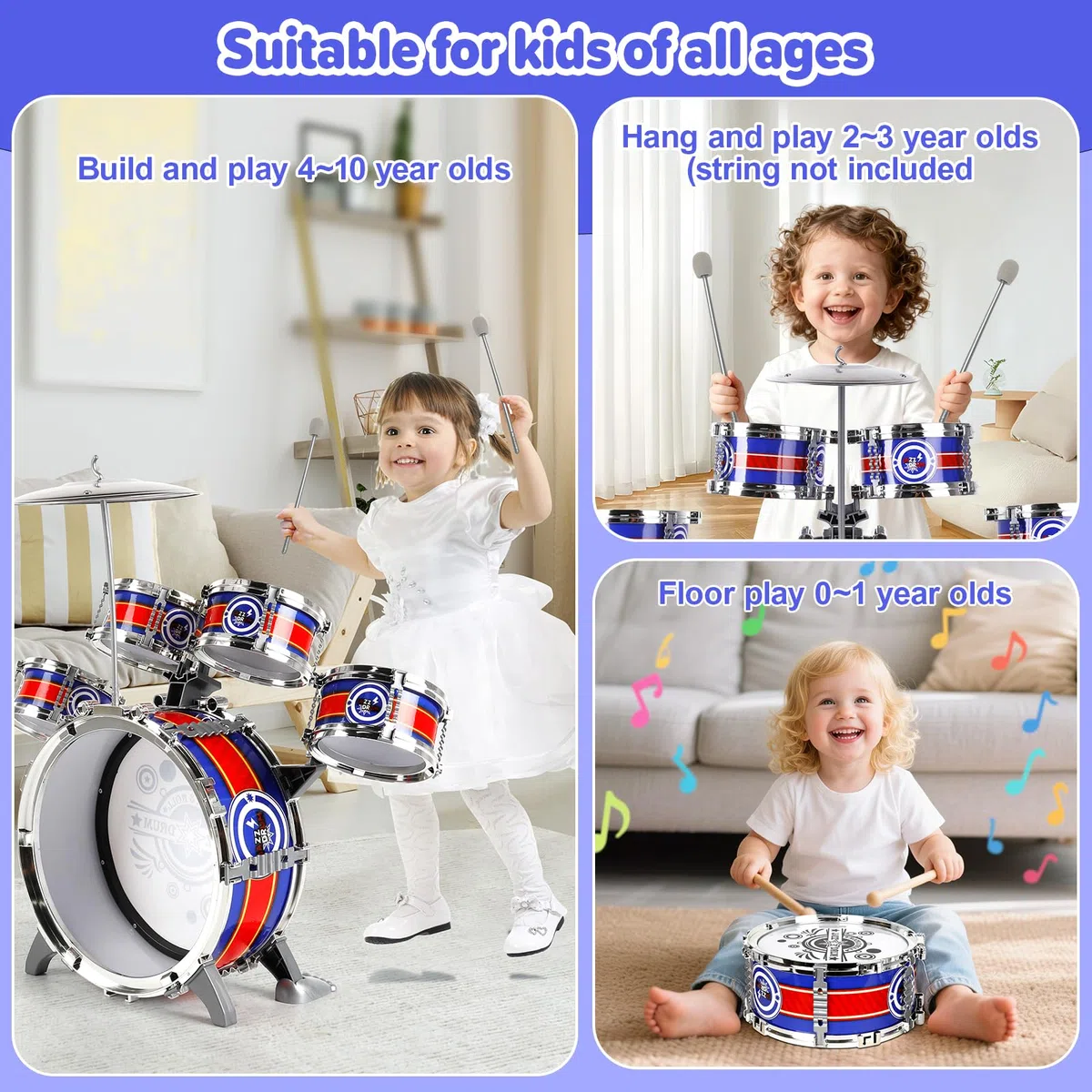 Batteria per Bambini, 5 Tamburis Bambini, 8 Pezzi Tamburi Strumenti Musicali Percussione, Batteria Musicale Bambini Junior Drum Set Compleanno Natale Educativo Regalo 3 4 5 6+ anni Ragazze Ragazzi
