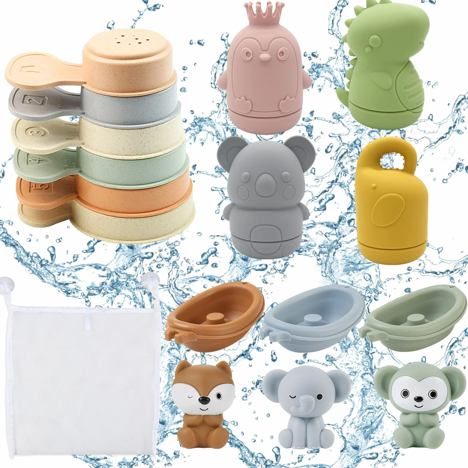Giocattoli da Bagno Bambini, Giochi Bagnetto, Giocattoli Animali in Silicone con Barchette da Bagno Impilabili e Cucchiaio, Giochi Acqua Giocattolo Che Nuota Giochi Vasca da Bagno Bambini 1 2 3 4 Anni