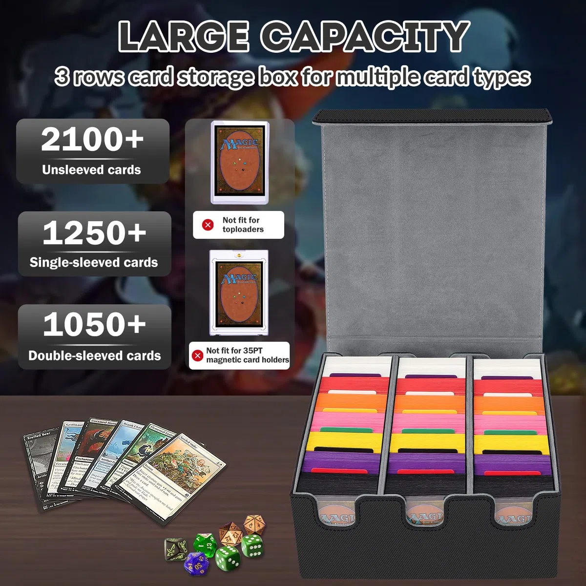 HIMOMO Deck Box per carte Mtg, Scatole Porta Carte Collezionabili da 2100+ Carte con Pelle PU e Chiusura Magnetica, Adatta per MTG,PTCG Carte, Inclusi 8 Divisori per Carte(Grigio)