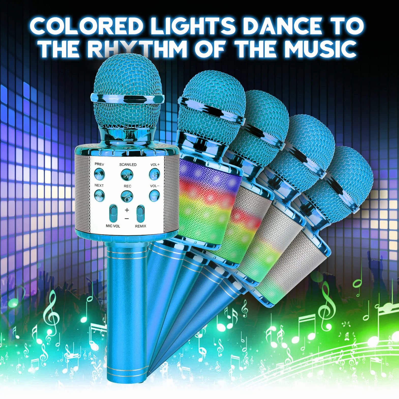 Microfono Karaoke Bluetooth Wireless 4 in 1 per Bambini, LED Portatile per Home KTV Compatibile Android iOS PC Blu