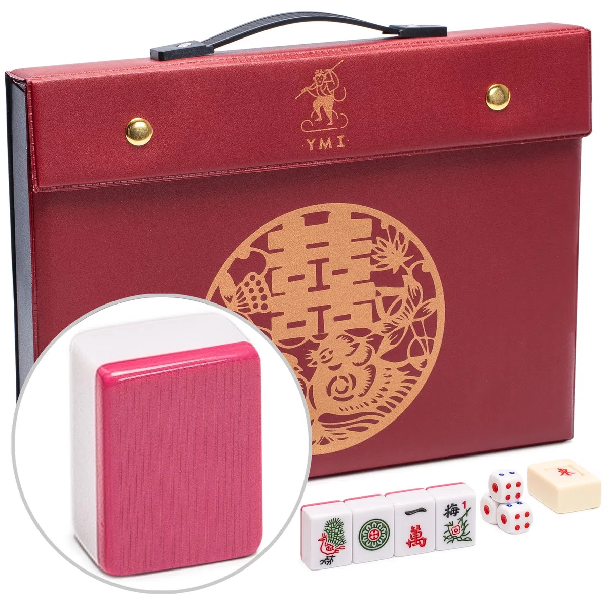 Set Mahjong cinese - "Rouge Harmony" - con 146 piastrelle medie, custodia in vinile rosso, indicatore del vento e dadi - solo per gameplay in stile cinese [ Yellow Mountain Imports