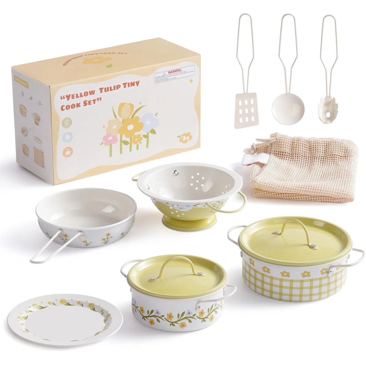 ROBOTIME Set di utensili da cucina in latta, set di pentole con fiori giallo crema, mini accessori da cucina da gioco, pentole e padelle giocattoli con una borsa a rete, stile francese, per bambini