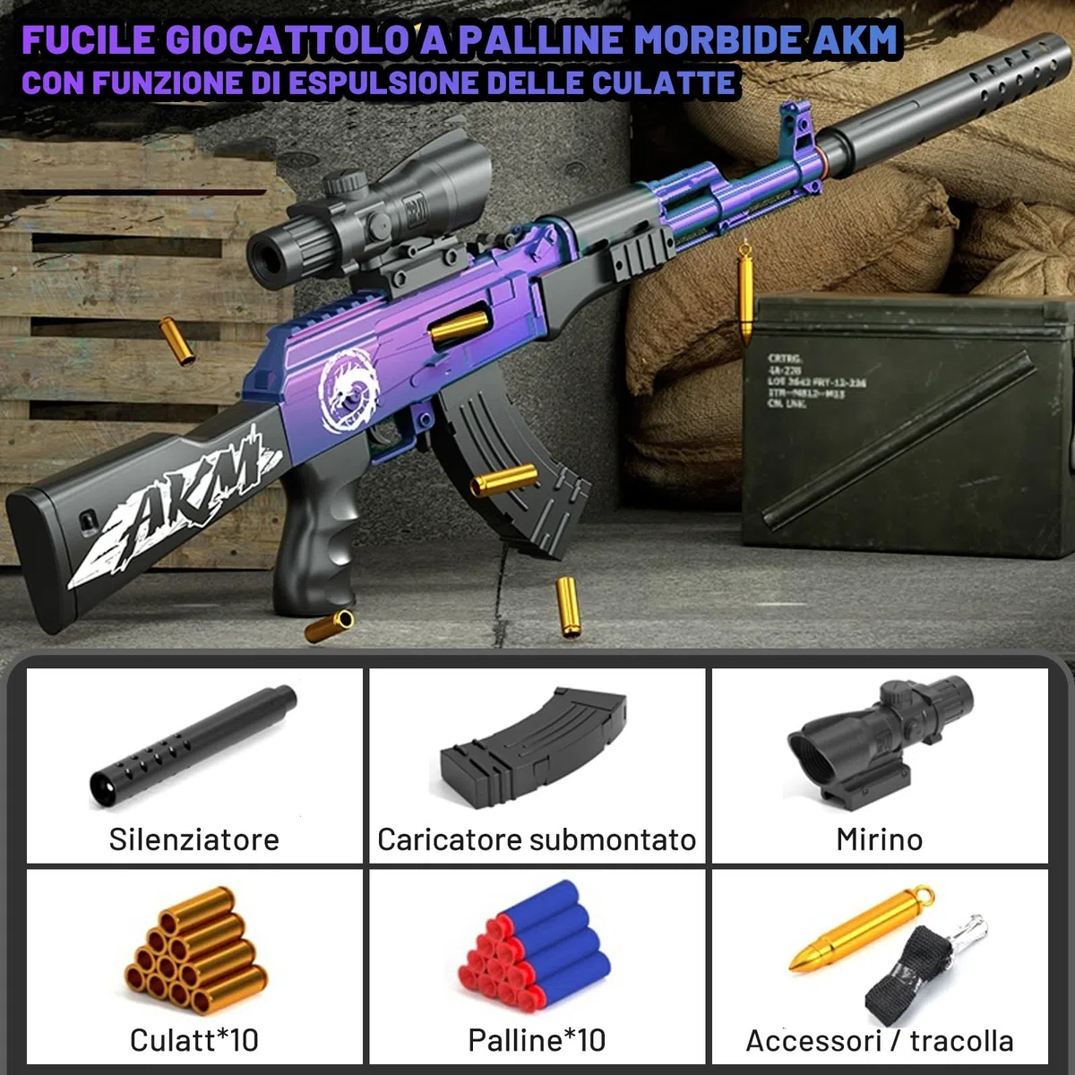 AKM Lanciatore di bossoli Pistola giocattolo Soft-Head per bambini | Modellismo smontabile | Include 5 munizioni Soft-Head | Revolver giocattolo sicuro con design realistico (viola)