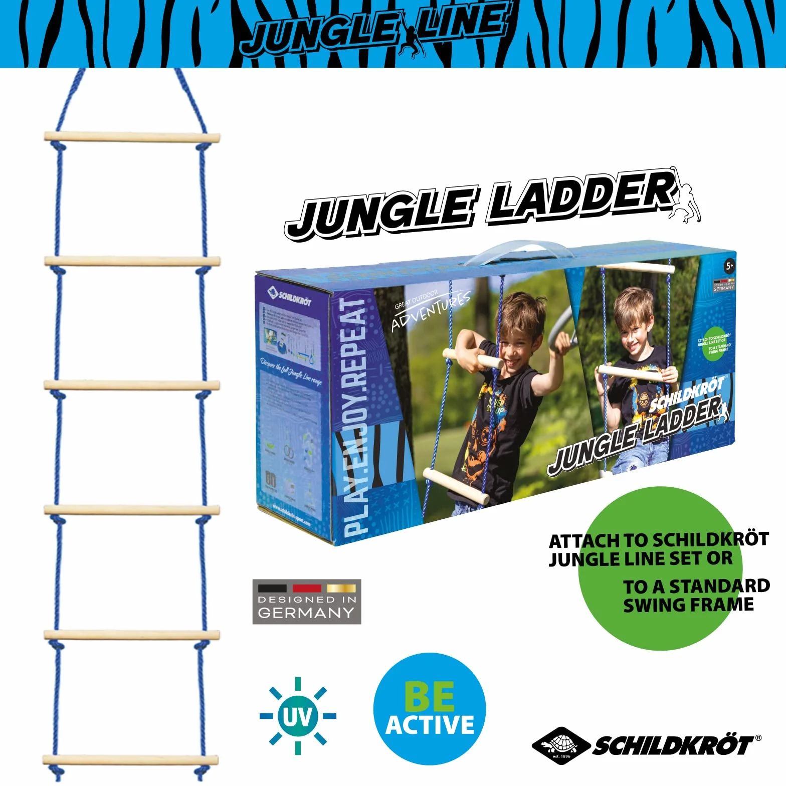 Schildkröt Jungle Ladder, Accessorio Jungle Line, Robusta Scala di Corda Lunga 2,5 Metri, 6 Pioli in Legno di Alta Qualità