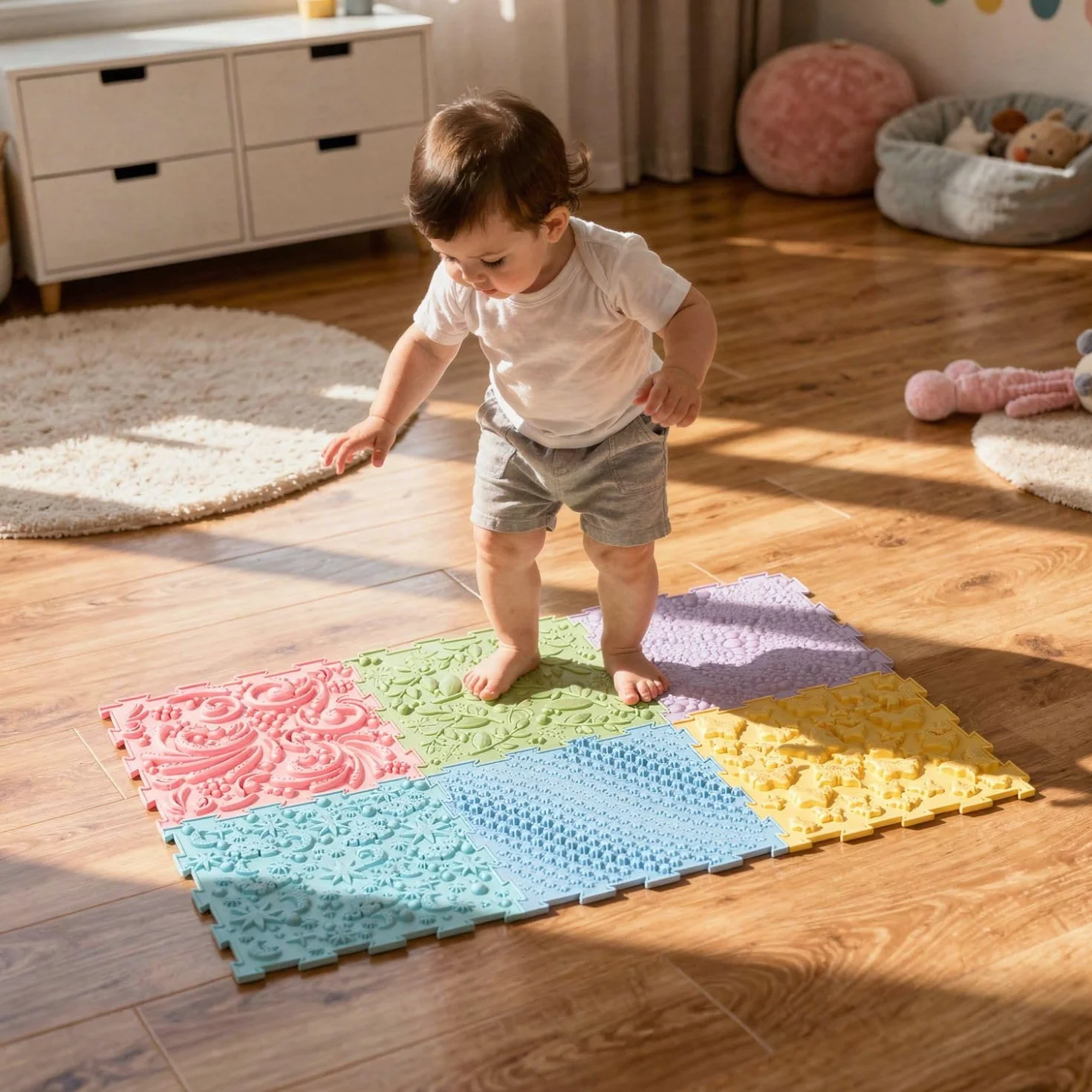 KiddyMoon Tappeto Puzzle Sensoriale Gioco Educativo Tapis Thérapeutique 9 Pezzi, Multicolore