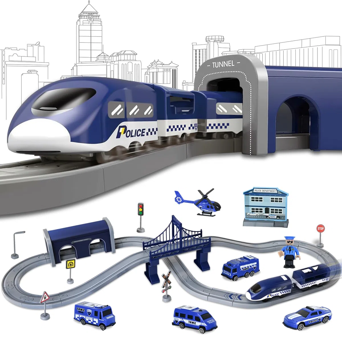Joellfuner Treno Elettrico Bambino 3 4 5 6 7 Anni, Treno Circuito Auto Elettrico Bambino, Giocattoli Bambini Veicoli da Costruzione, Gioco di Traccia Auto Da Corsa Regalo Ragazzo Ragazza