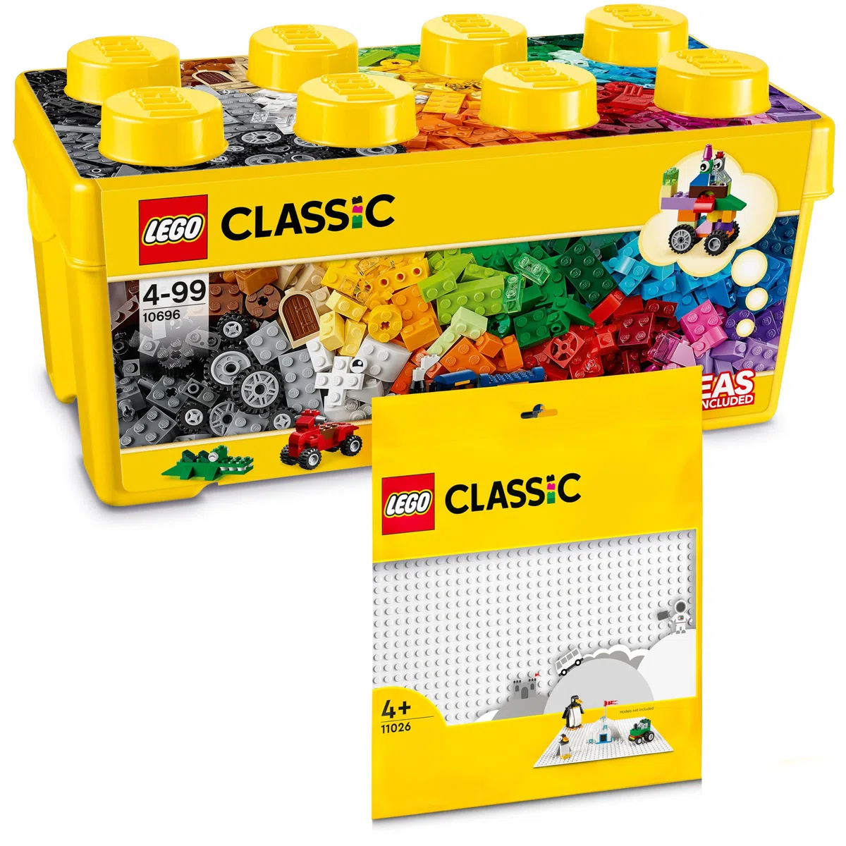 LEGO Classic Scatola mattoncini creativi media + Base bianco (10696 + 11026), Set combinato con scatola portaoggetti e piastra di base