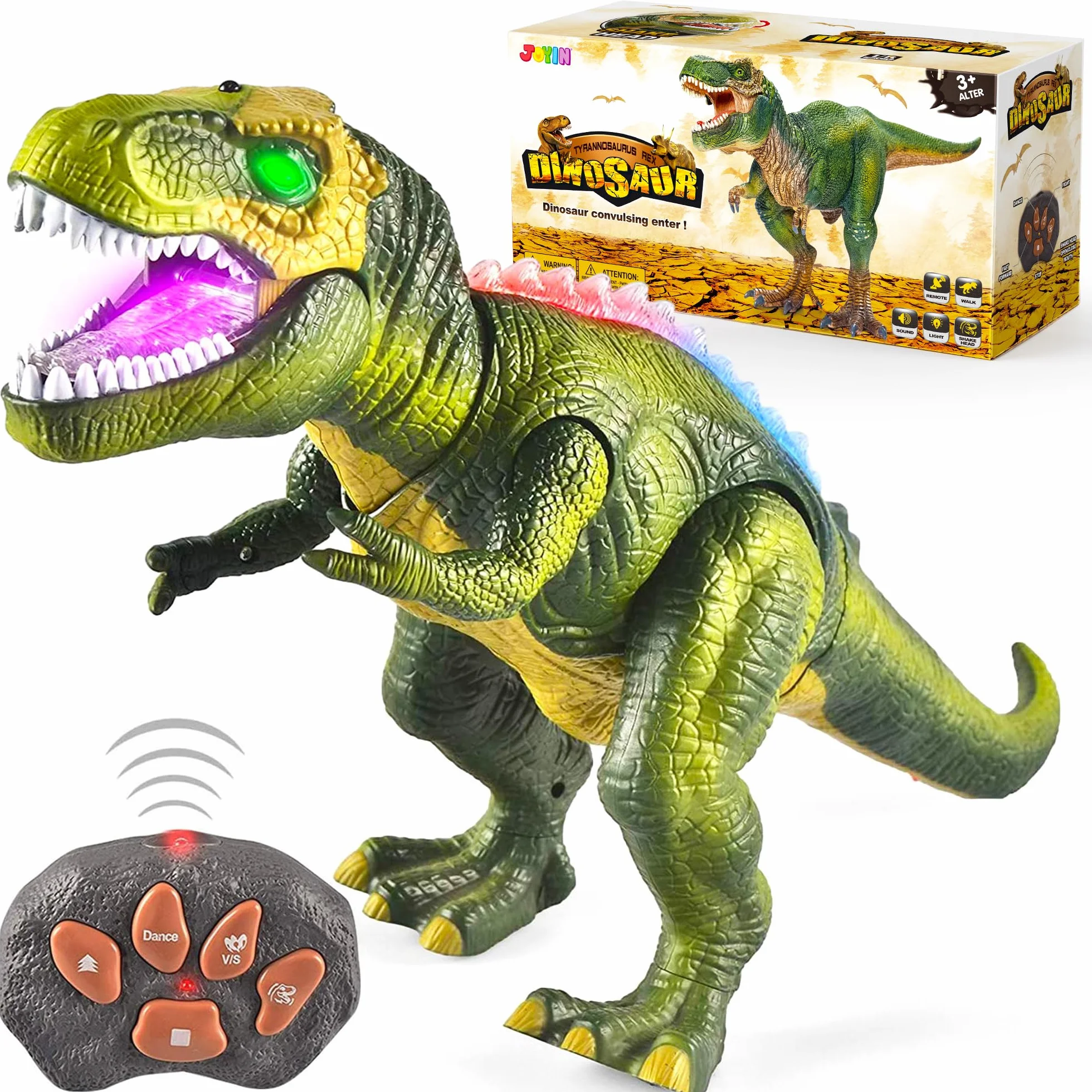 JOYIN LED Dinosauro Telecomandato Camminando e Ruggendo Giocattoli di Dinosauro T-Rex Realistici con Occhi Luminosi, Movimento a Piedi, Scuotendo la Testa per i Bambini Ragazzi Ragazze