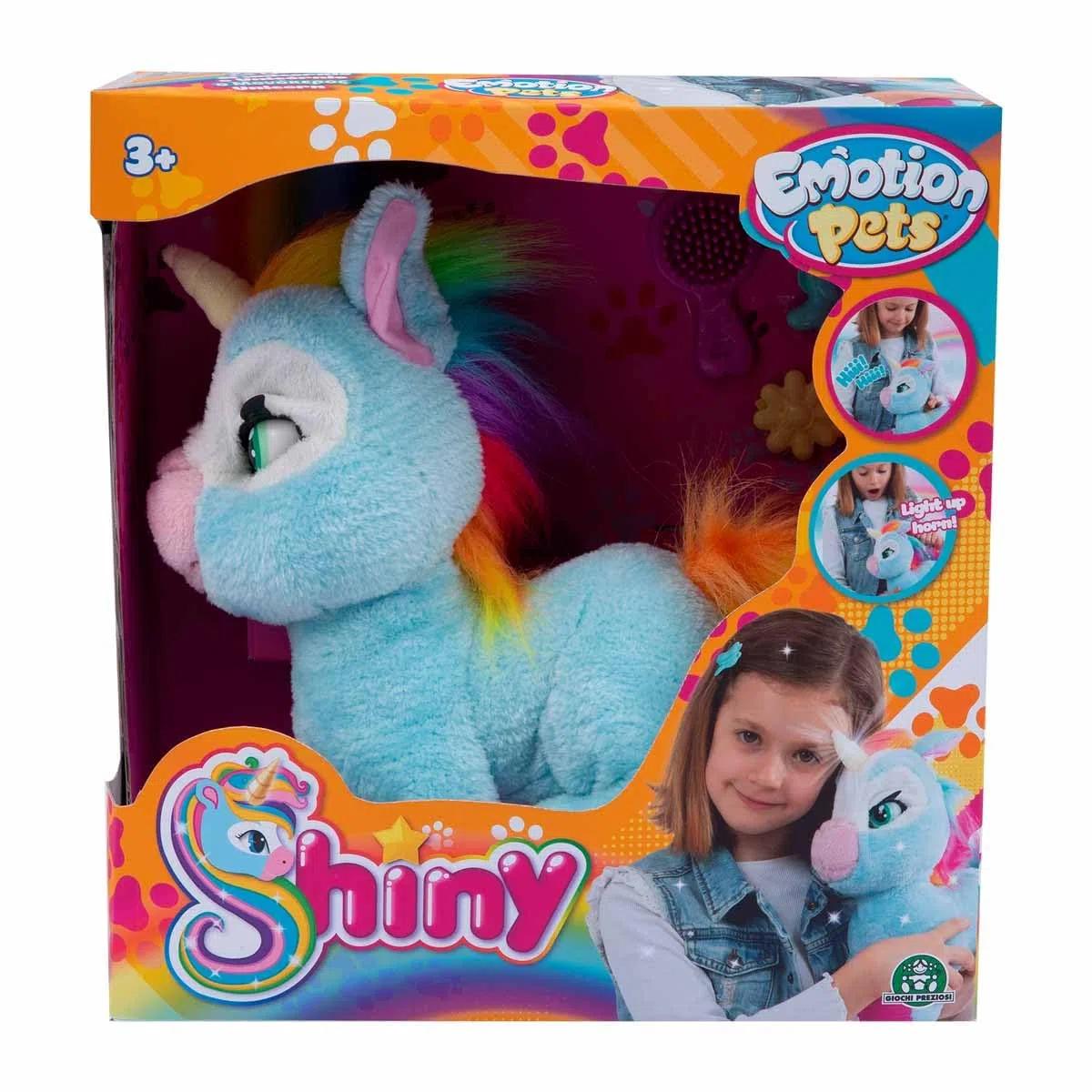 Giochi Preziosi Emotion Pets, Shiny Peluche Unicorno, Giochi Bambini 3 Anni +, Peluche Interattivo con Spazzola e 2 Fermagli Colorati Inclusi, Color Azzurro e Criniera e Coda Color Arcobaleno