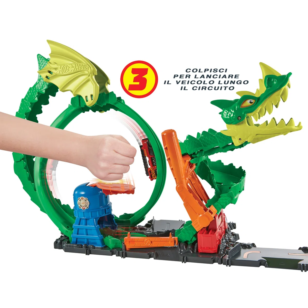 Hot Wheels-Dragone di Fuoco con 1 Veicolo Die-Cast Incluso e Stazione dei Pompieri, Giocattolo per Bambini 5+ Anni, HDP03