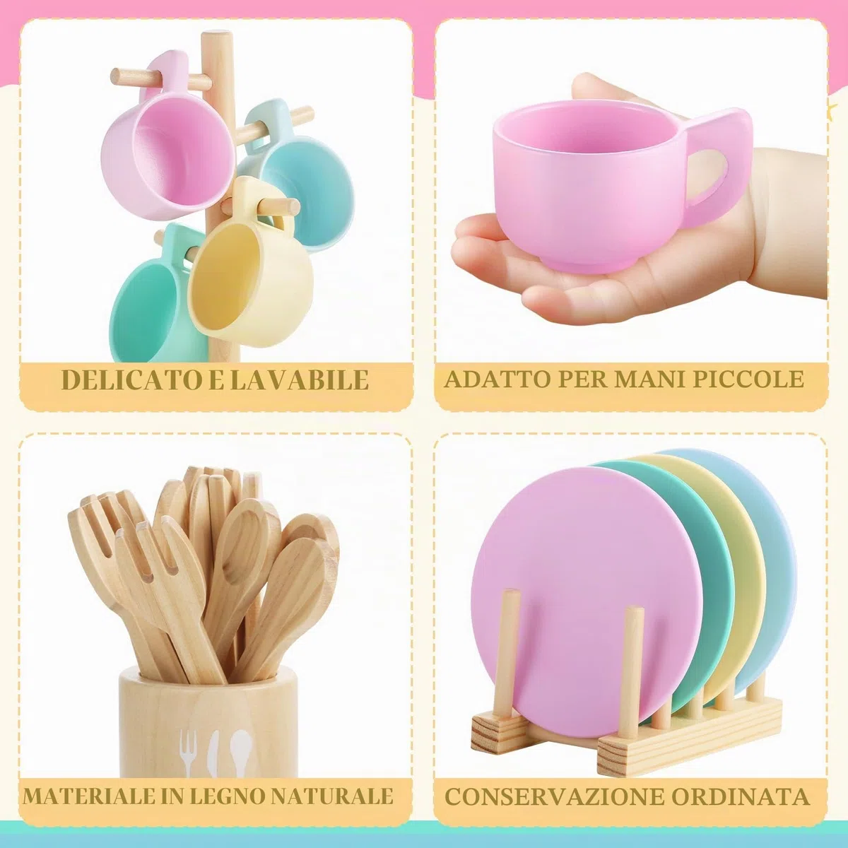 GAGAKU Set di stoviglie da cucina per bambini, 27 pezzi, servizio da tè per bambini, in legno, con supporto, giocattolo Montessori per bambini 3-5 anni, giocattolo educativo per giochi di ruolo