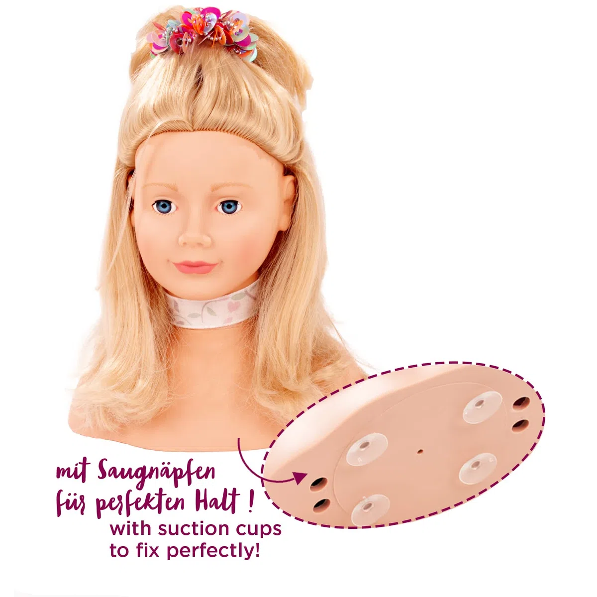 Götz 1192052 parrucchino con capelli biondi e occhi azzurri - testina per parrucchiere e trucco alta 28 cm in set da 57 pezzi - adatto per ragazze dai 3 anni in su
