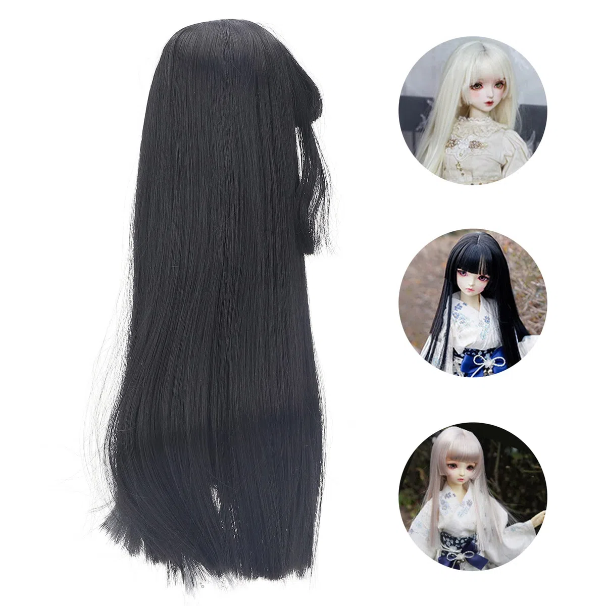 Zerodis 1/3 BJD - Parrucca per bambola SD, 21-24 cm, in seta naturale morbida ad alta temperatura, capelli lunghi e lisci mohair, con frangia per indossare parrucca per bambole BJD, colore nero fai