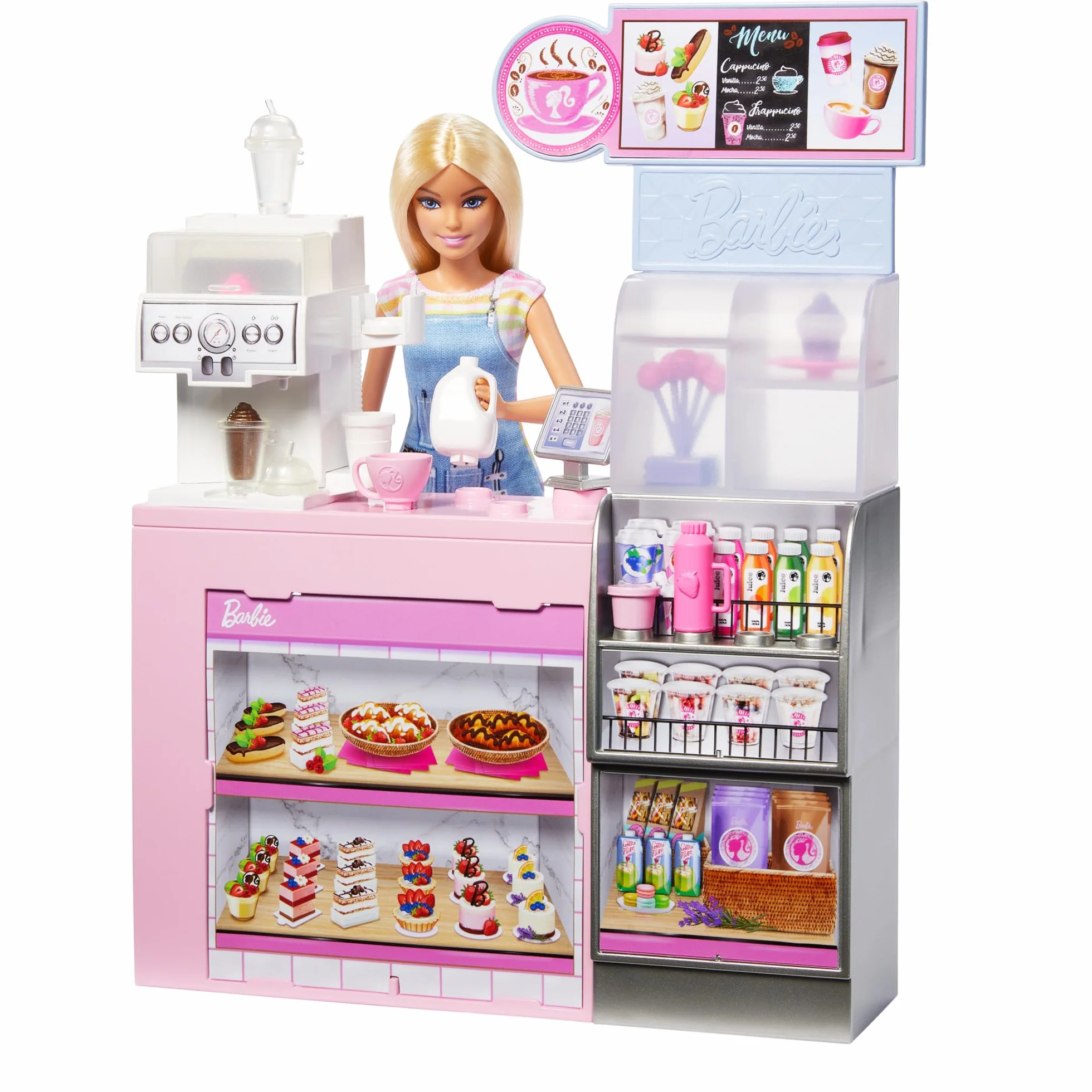 Barbie - Caffetteria, playset con bambola barista bionda e 12+ accessori a tema inclusi, tra cui macchina per caffè e frullati, tazze e cibo, giocattolo per bambini, 3+ anni, HXN94