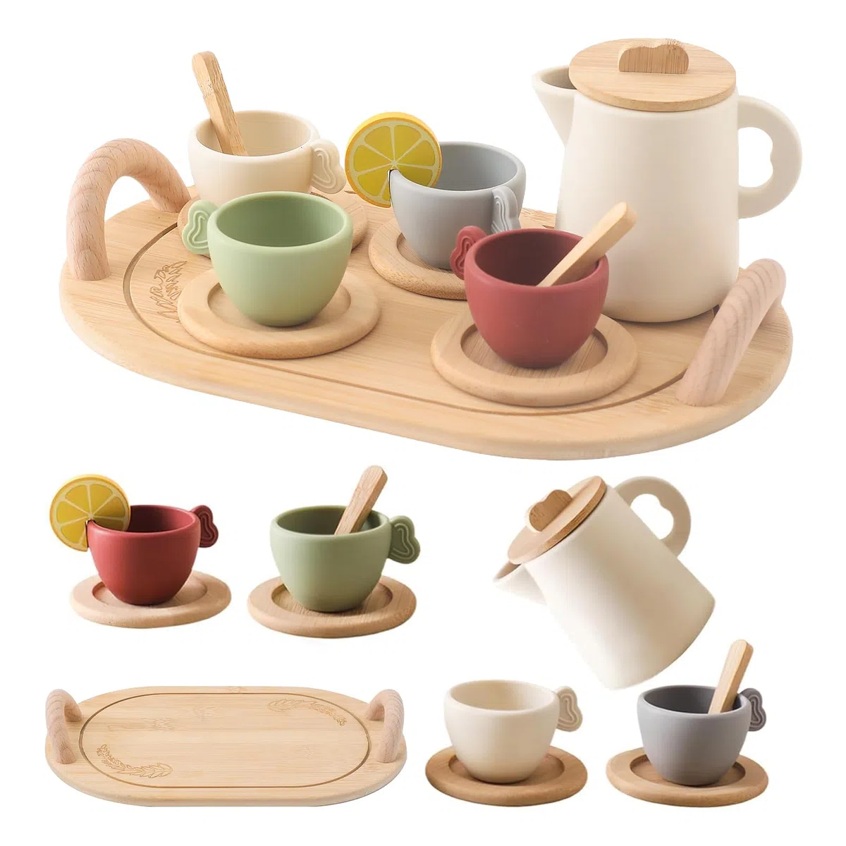 OESSUF Set da tè per bambini in legno per bambine e ragazzi, accessori da cucina giocattolo lavabile in lavastoviglie, set da tè per bambini, ideale come regalo di Natale e compleanno