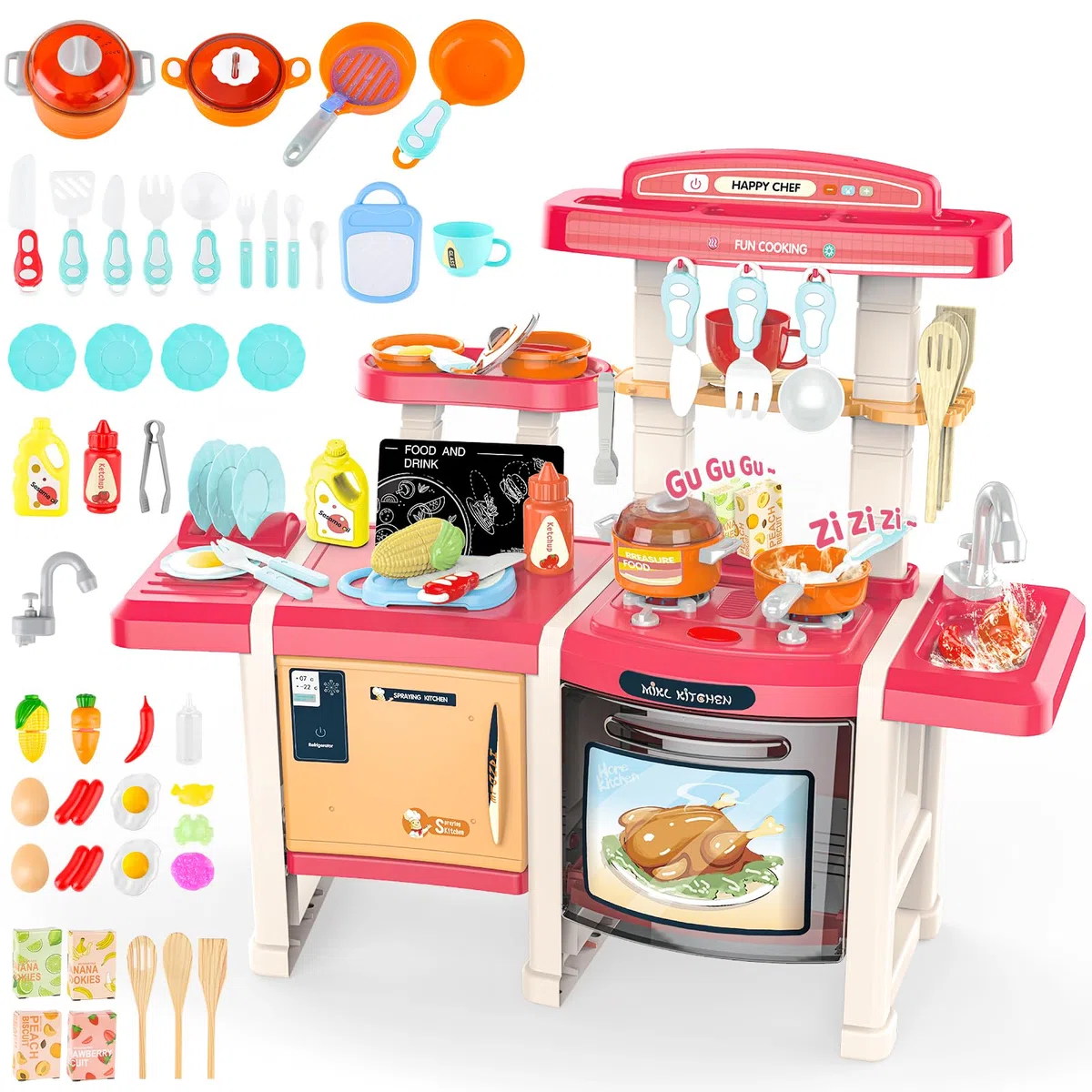 deAO Cucina Giocattolo per Bambini, Gioco di Ruolo da Cucina in Miniatura con Luce Suono Acqua Vapore e Accessori da Cucina, Cucina Studio con Frigorifero Lavastoviglie Fornello Lavello Forno Cibo
