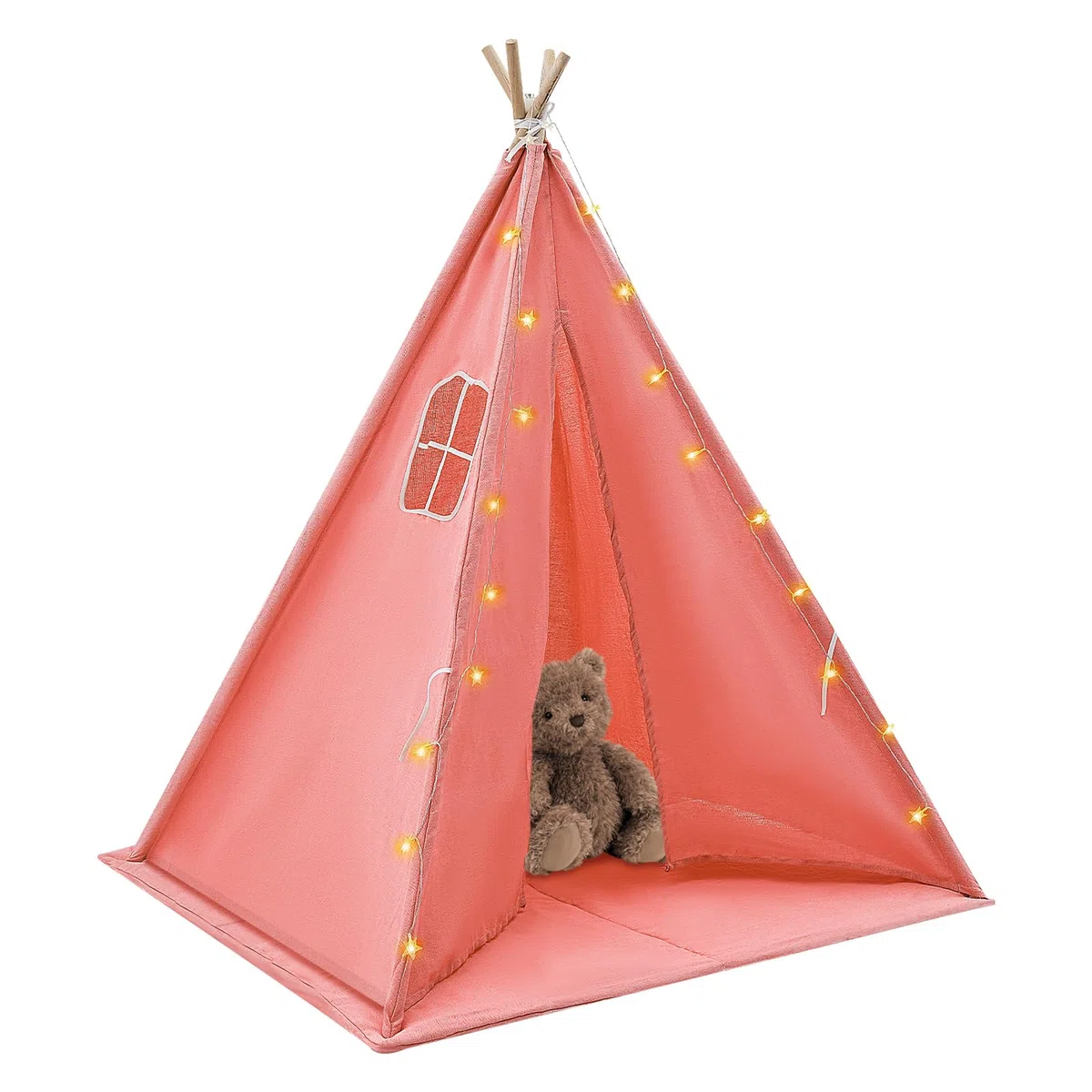 Tenda per bambini, tenda con luce, tenda da gioco per interni ed esterni, con imbottita, pieghevole, con catena luminosa, traspirante, in cotone e canapa (rosso)