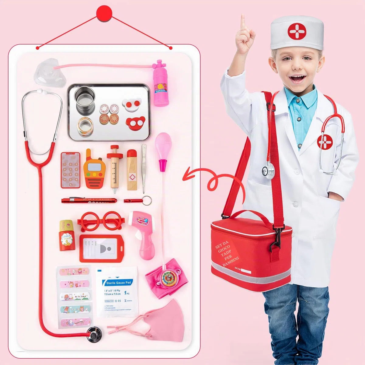 EFO SHM 34 Pezzi Kit Medico per Bambini con Vero Stetoscopio e Camice - Valigetta Dottore Portatile, Gioco di Ruolo Interattivo, Idea Regalo 3 4 5 6 Anni