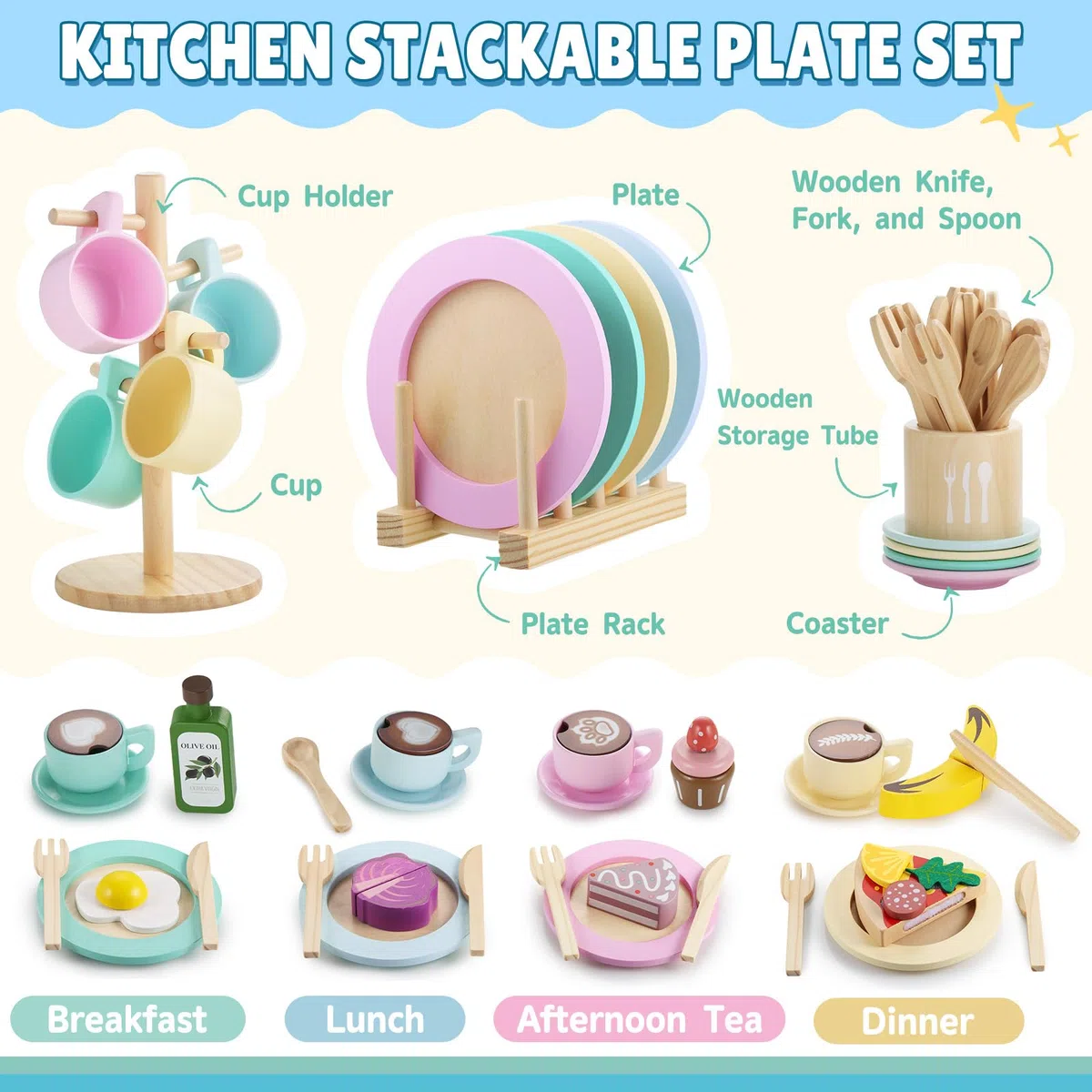 GAGAKU Set di stoviglie da cucina per bambini, 27 pezzi, servizio da tè per bambini, in legno, con supporto, giocattolo Montessori per bambini 3-5 anni (ultima versione)