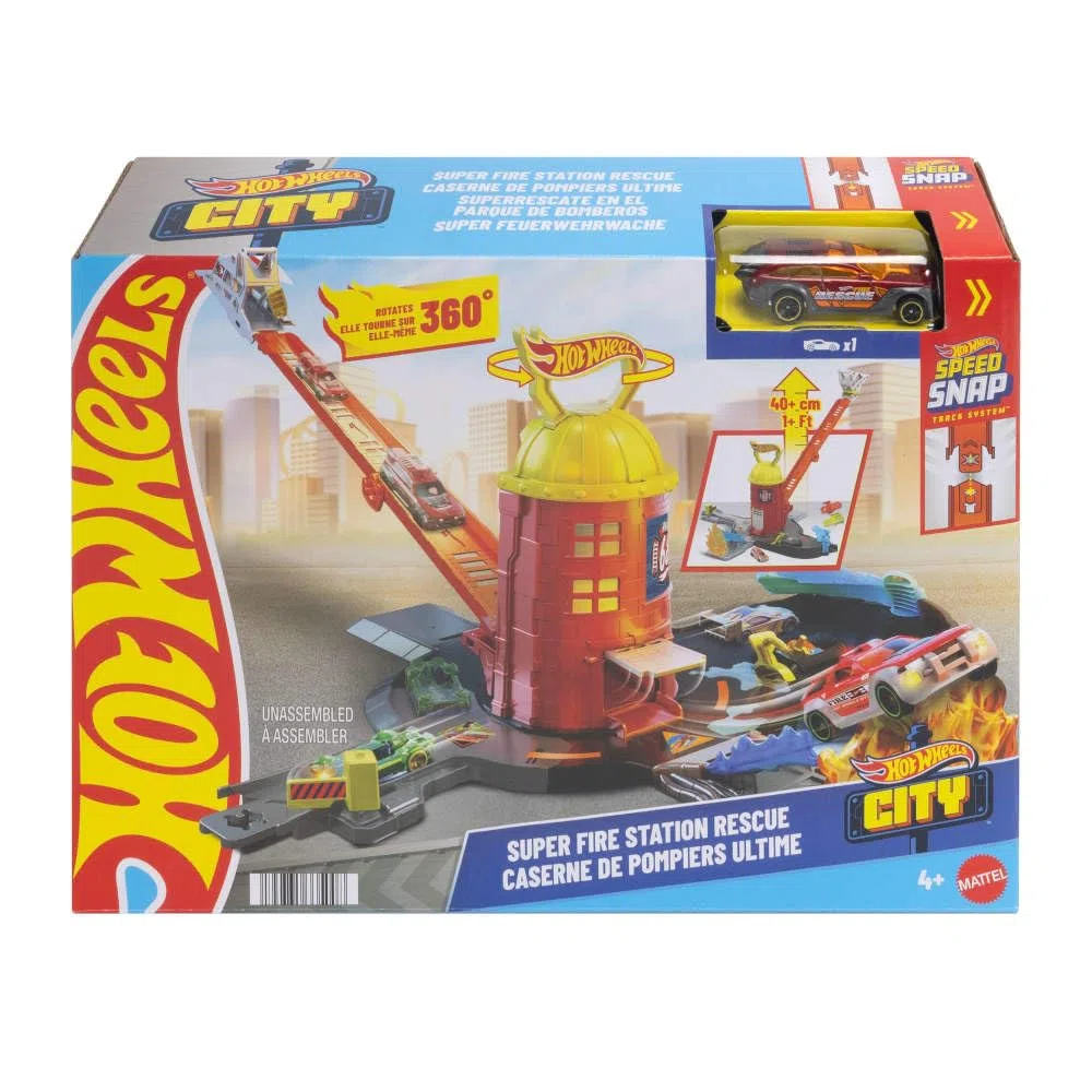 Hot Wheels City - Super Caserma dei Pompieri, set pista con 4 diverse uscite e scala estendibile fino a 40cm, camion dei pompieri in scala 1:64 incluso, 4+ anni, JHL95