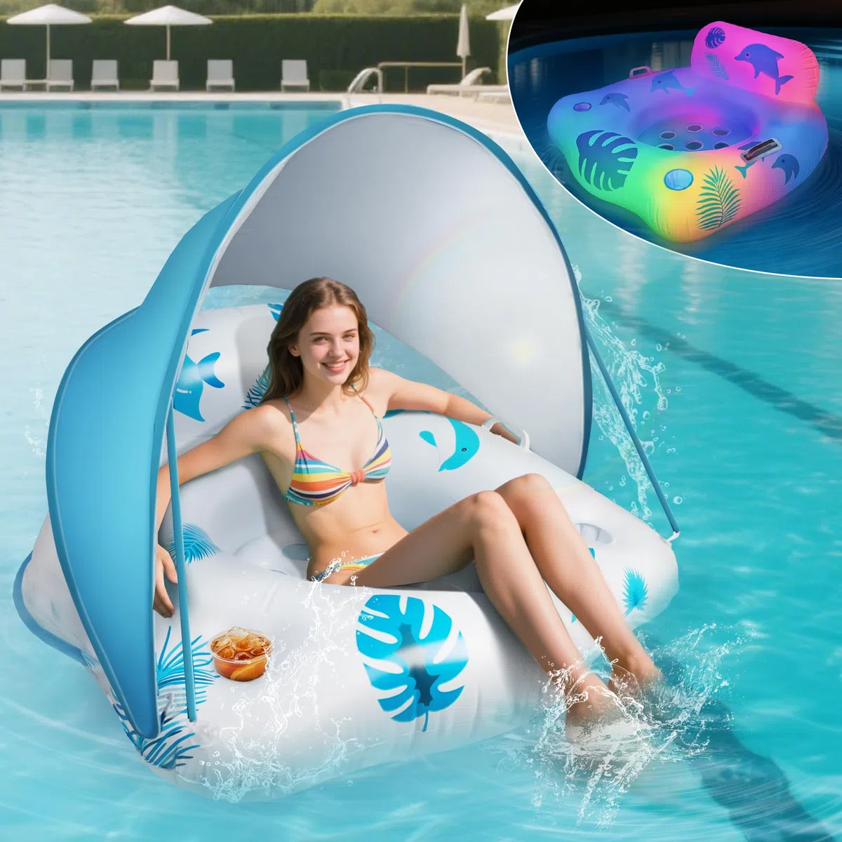 IEEILULU Gonfiabile Piscina Adulti, Sedia Galleggiante per Piscina con Parasole e Luci de Colore, Poltrona Gonfiabile Mare Piscina Giganti per Esterni, Spiagge, Laghi