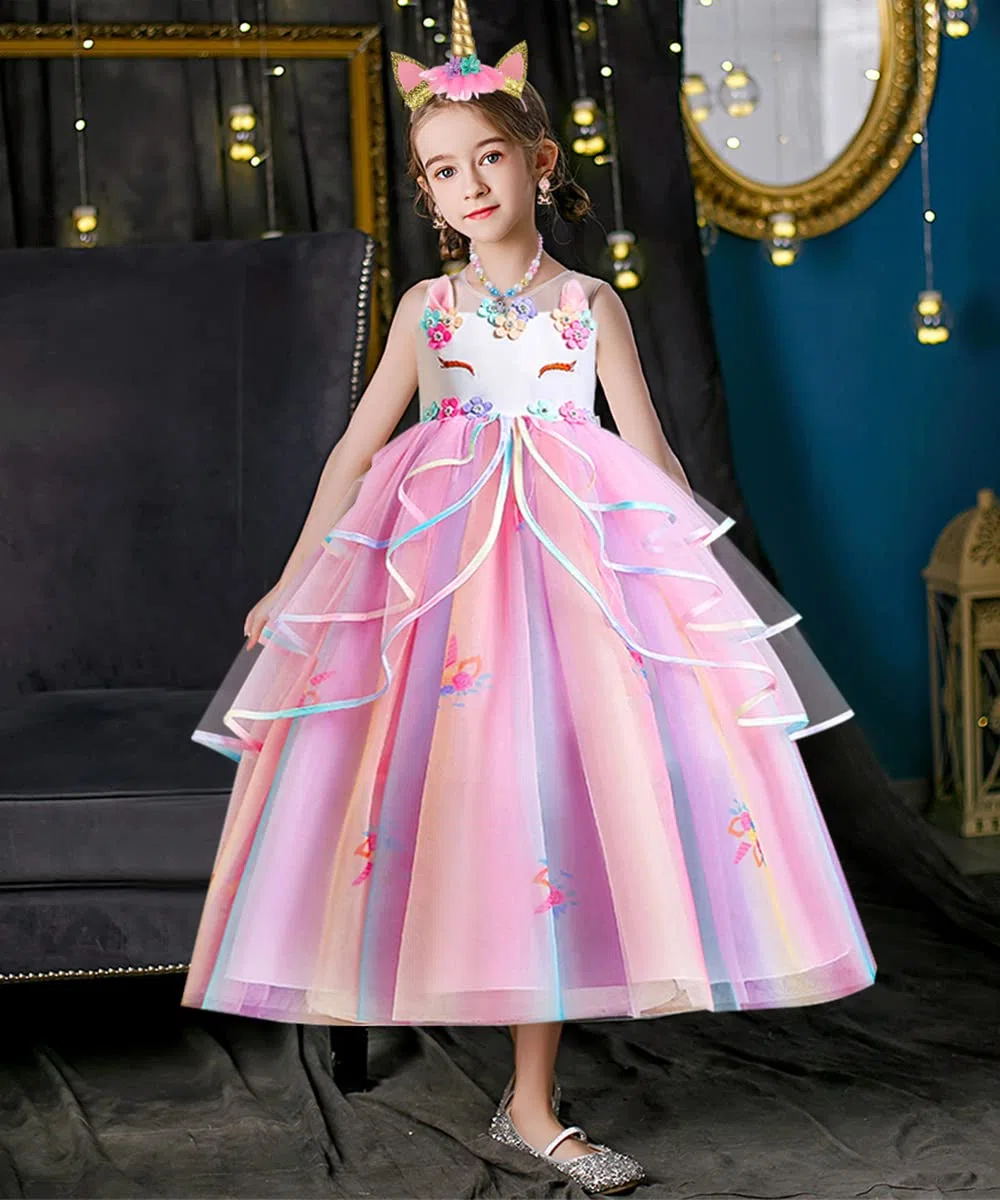 TOLOYE Vestito Principessa Bambina, Principessa Vestiti con Collana Set, Costume da Cosplay Unicorno Bambina Ragazza,Vestito Fantasia per Halloween Carnevale Cosplay Compleanno Natale Festa