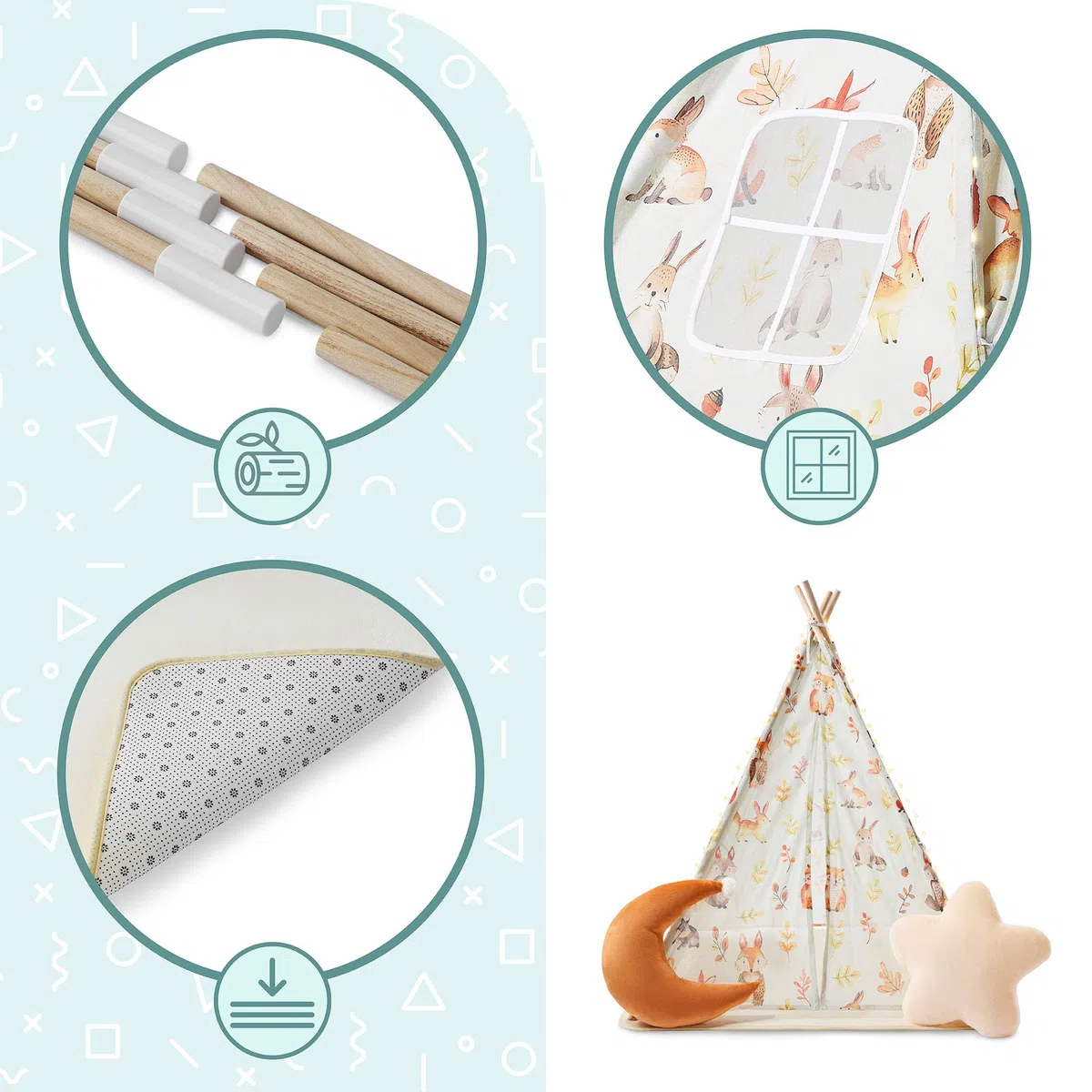 Mamabrum Tenda per bambini interna beige foresta con tappeto imbottito, cuscini decorativi e ghirlanda LED, capanna da gioco camera da letto da 3 anni