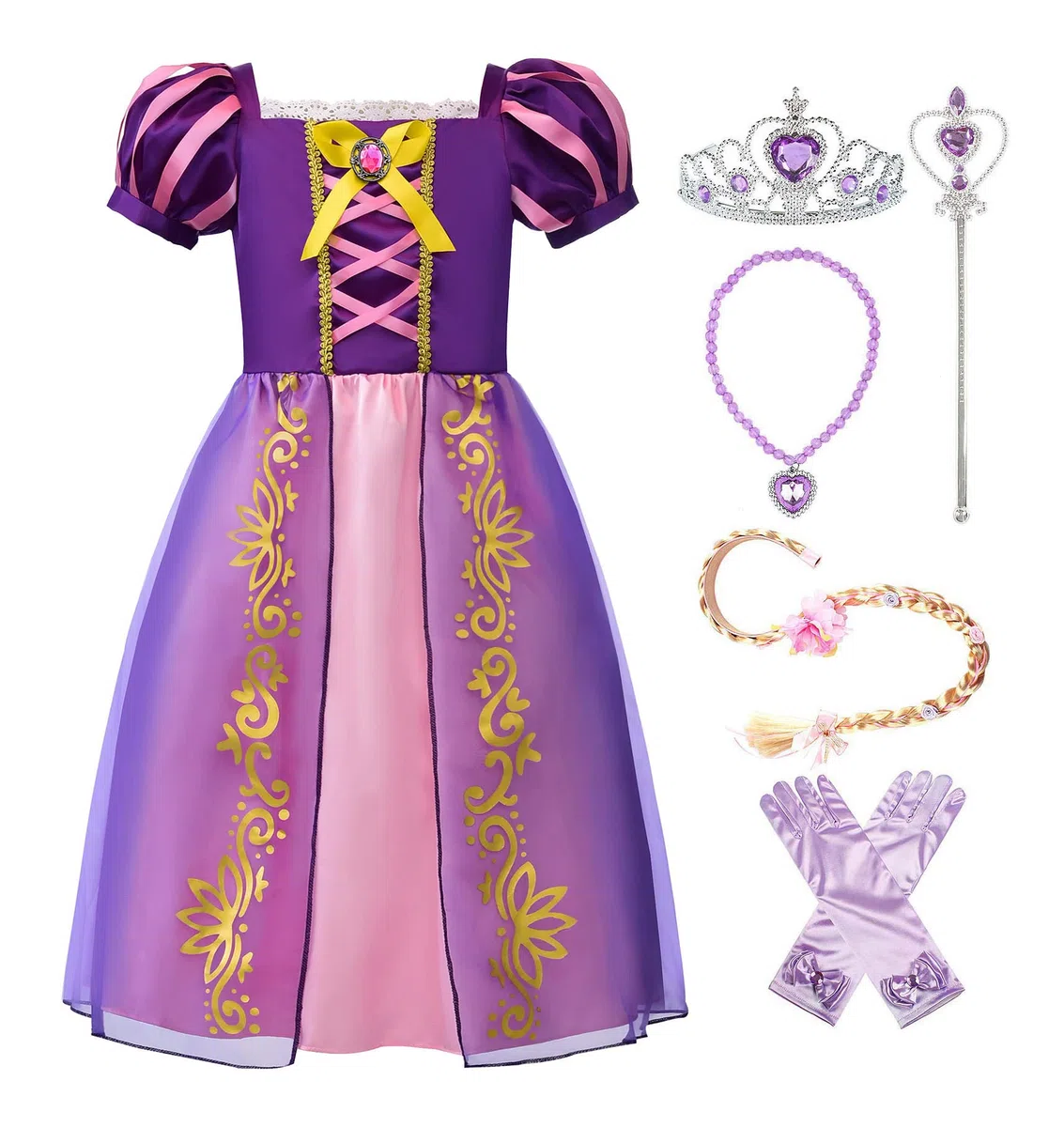 ReliBeauty Costume Principessa Bambina Vestito Abito Lilla con Accessori Manica a Sbuffo