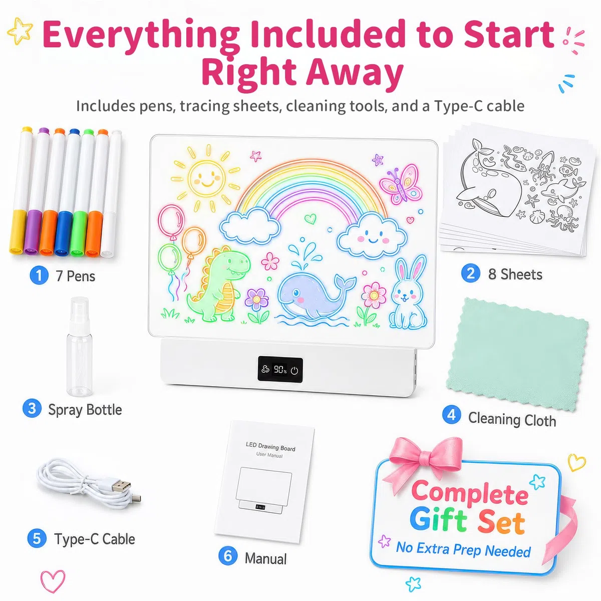 OUTON Lavagna Luminosa LED Bambini con 8 Colori e 3 Modalità di Luce, Tavoletta da Disegno Riutilizzabile con 7 Pennarelli e Modelli, Gioco Creativo per Bambina e Bambino, USB-C