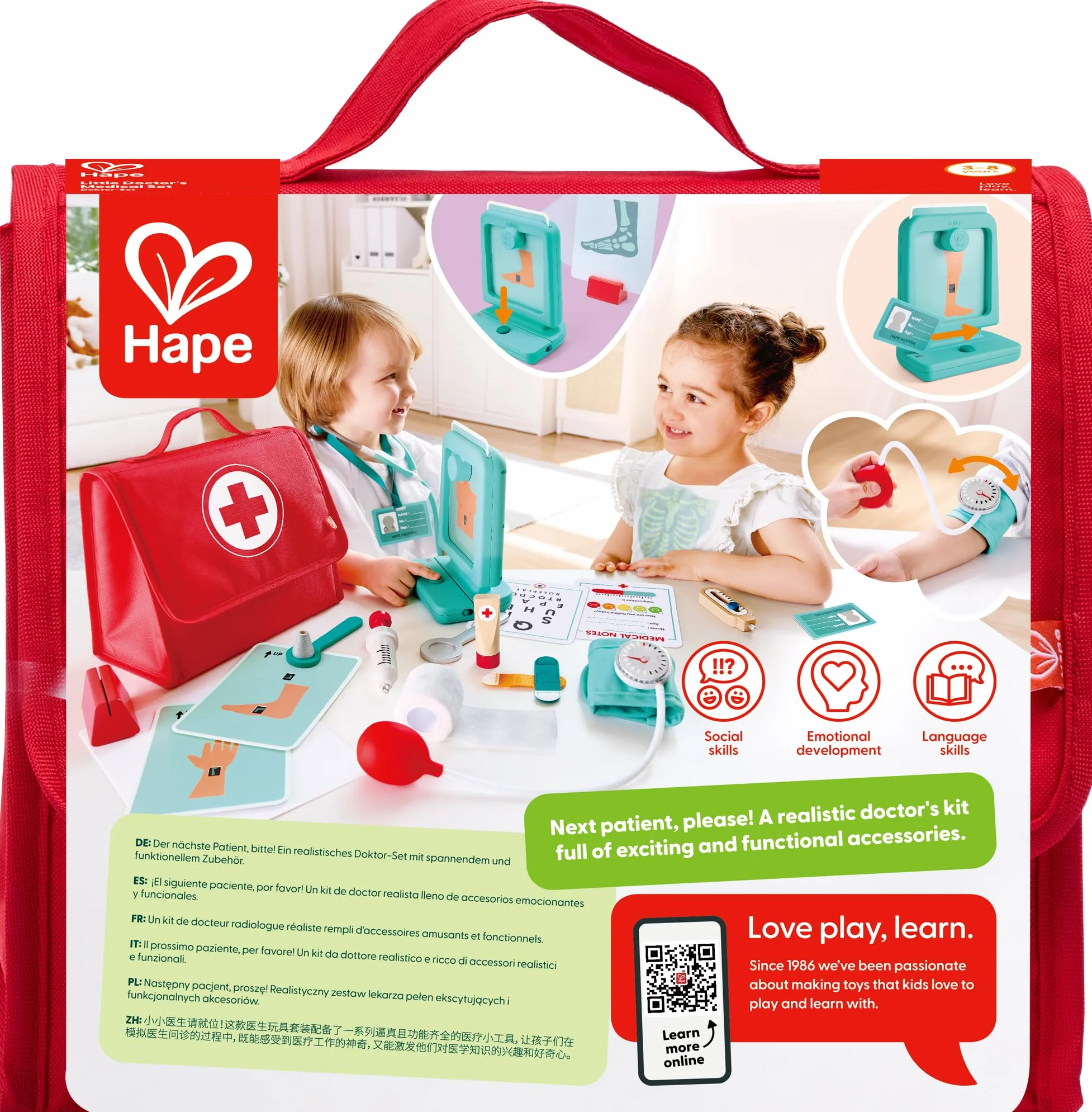 Hape Set Medico, Set da Gioco in Legno per Bambini, Kit da Dottore con Strumenti interattivi