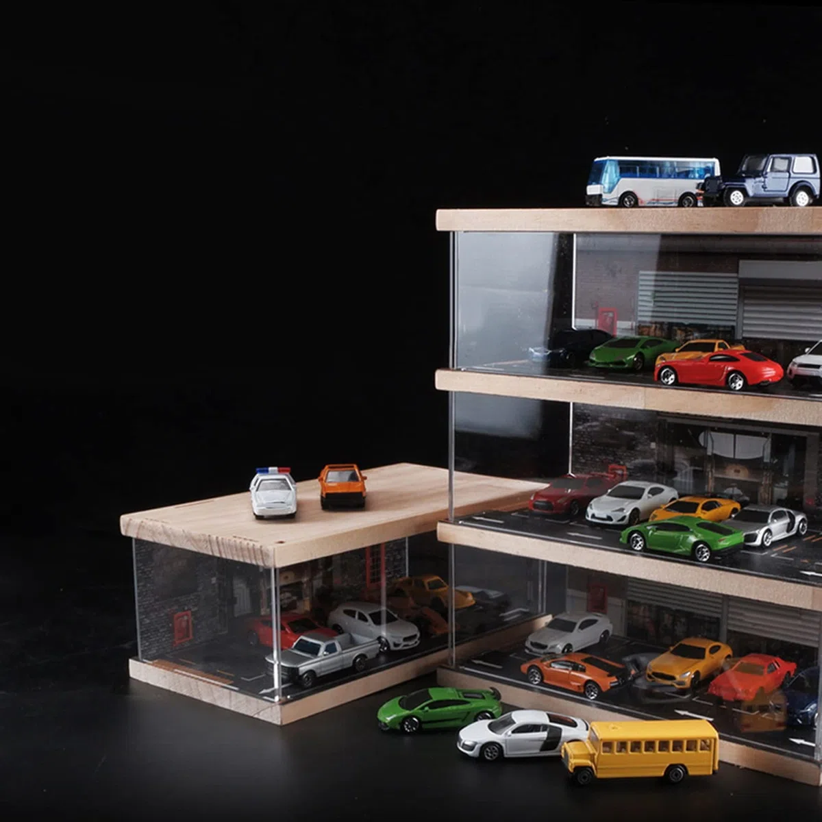 Perfeclan 1/64 Kit di modellismo Diorama Acrilico Parcheggio, macchinine per Bambini, Vetrina Diecast Car Garage Contenitore Antipolvere, Doppio Ponte