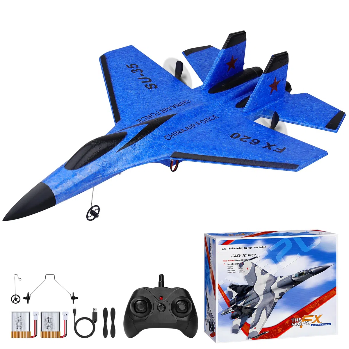 Henakmsl 2CH Aereo Telecomandato SU35, 2,4 GHz Aereo RC Aeroplano Telecomandato con 2 Batterie e Luci Colorate, Aliante Volante Telecomandato per Adatto a Bambini/Adulti/Principianti, Blu