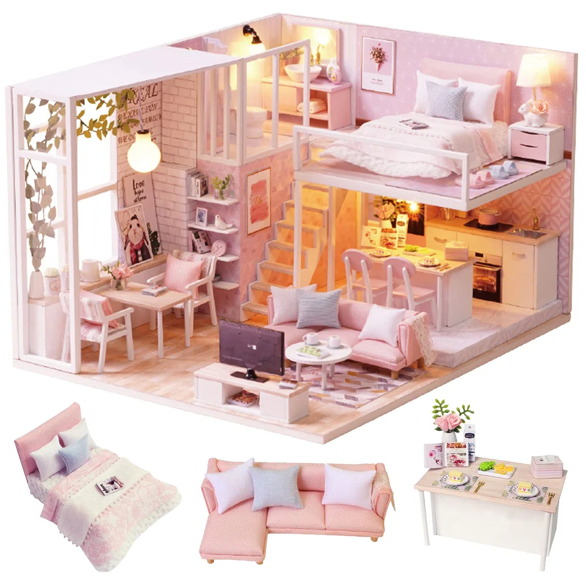 Kit per casa delle bambole in legno fai da te, realizzato a mano, in miniatura, modello di stanza e mobili
