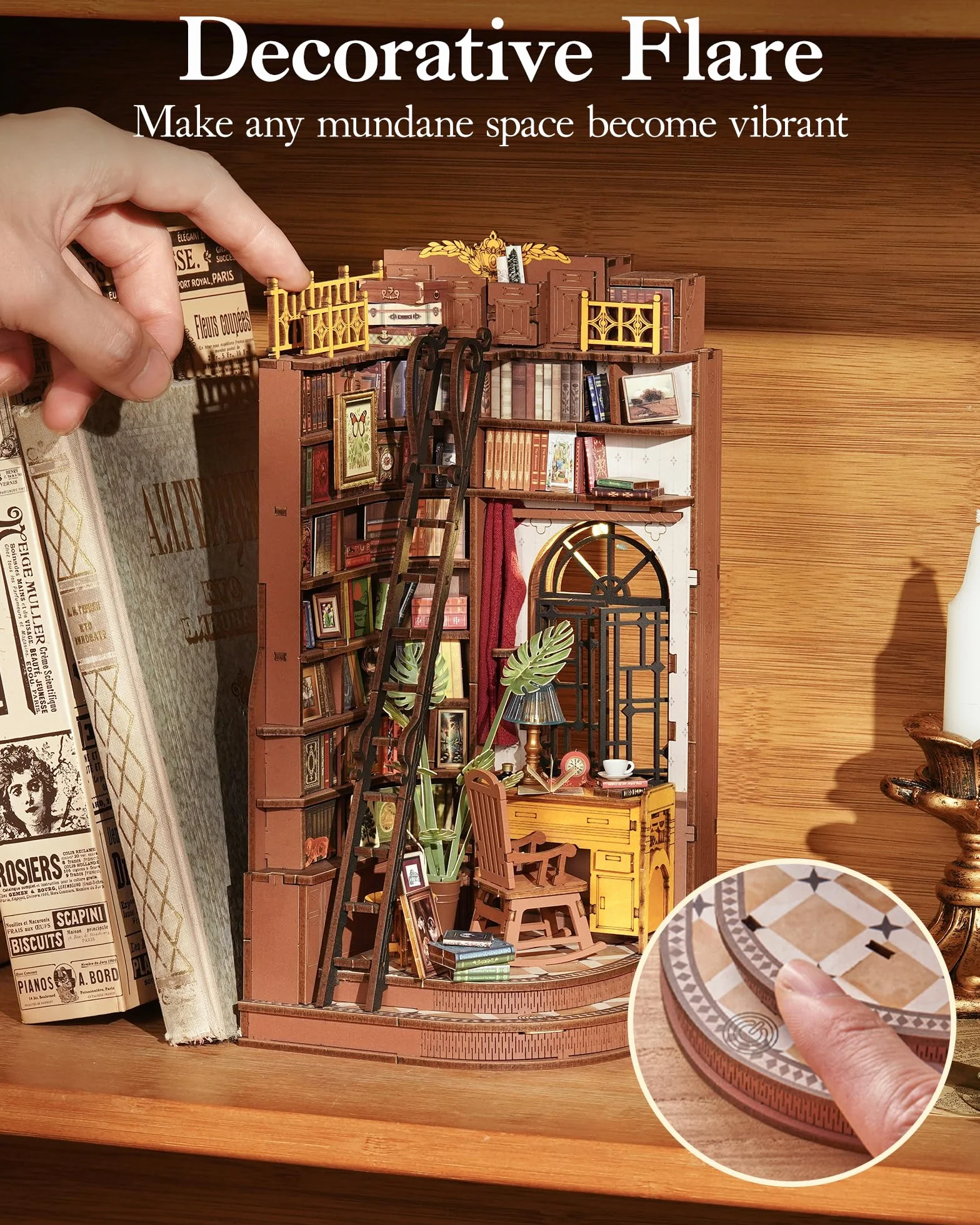 ROBOTIME Book Nook in Legno – Booknook Casa in Miniatura da Costruire con Luci, Puzzle 3D Creativo per Adulti e Ragazzi, Decorazione da Libreria (Silent Corner Study)
