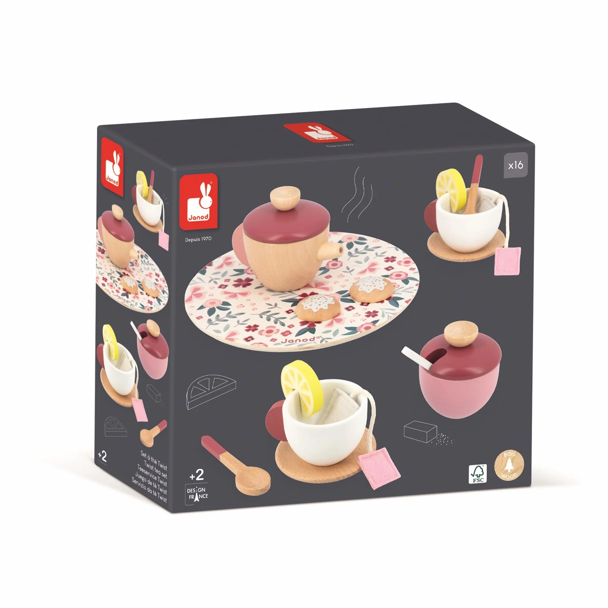 Janod - Servizio da tè Twist - 16 Accessori Legno e Feltro - Giocattolo di Imitazione - Servizio tè Bambini - in Legno FSC - dai 2 Anni, J06631