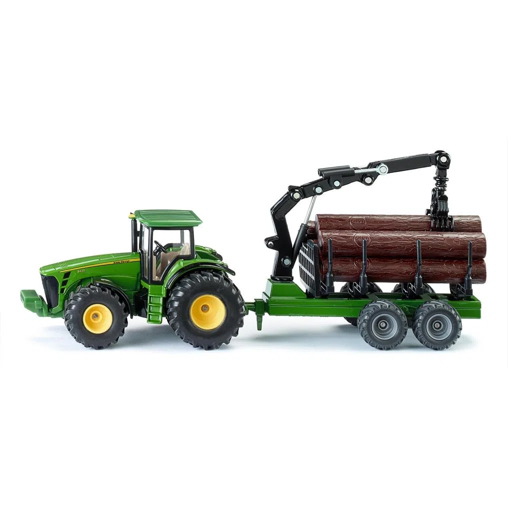 Siku 1954, Trattore John Deere con rimorchio forestale, 1:50, Metallo/Plastica, Verde, Braccio e pinza completamente operativi