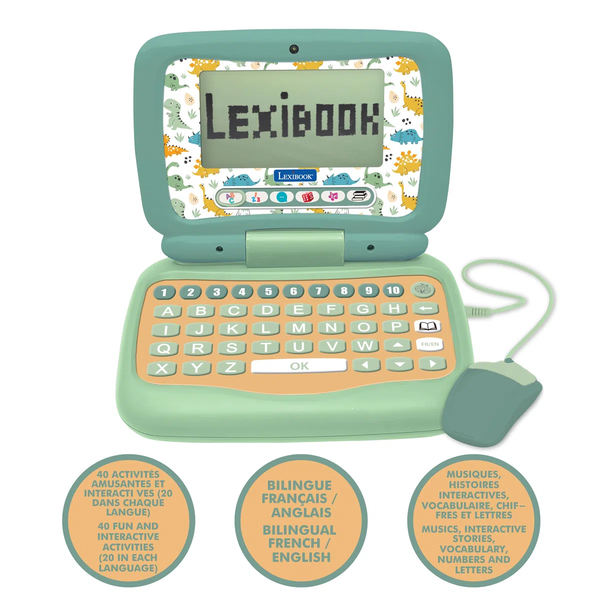 Lexibook, Computer Portatile educativo bilingue INGLEI/Francese Dinosauro, 40 attività educative, JC398DINOi1