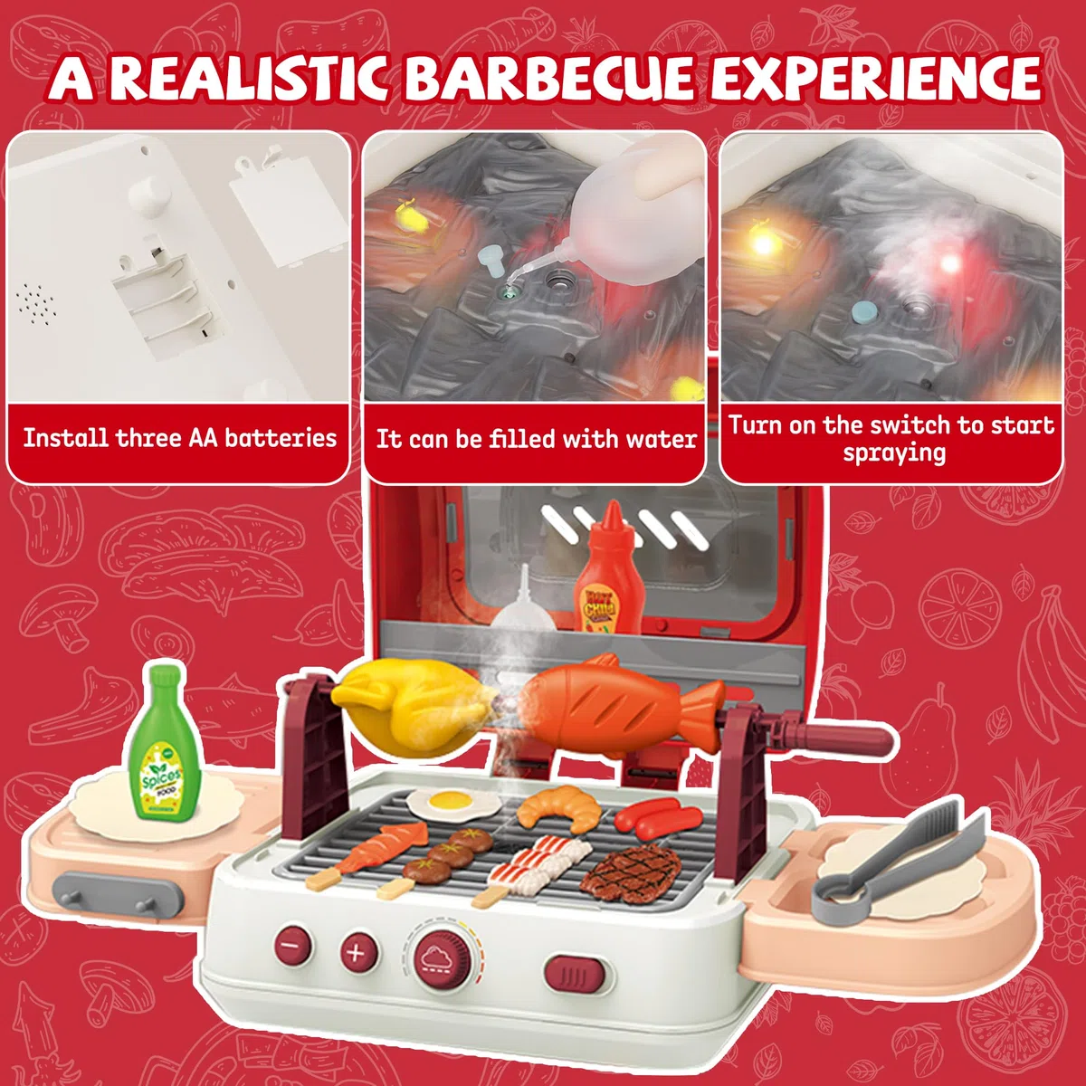 Set di giocattoli per barbecue per bambini con rumori di fumo e luce, accessori da cucina, barbecue interattivo, per bambini dai 3 agli 8 anni (RED)